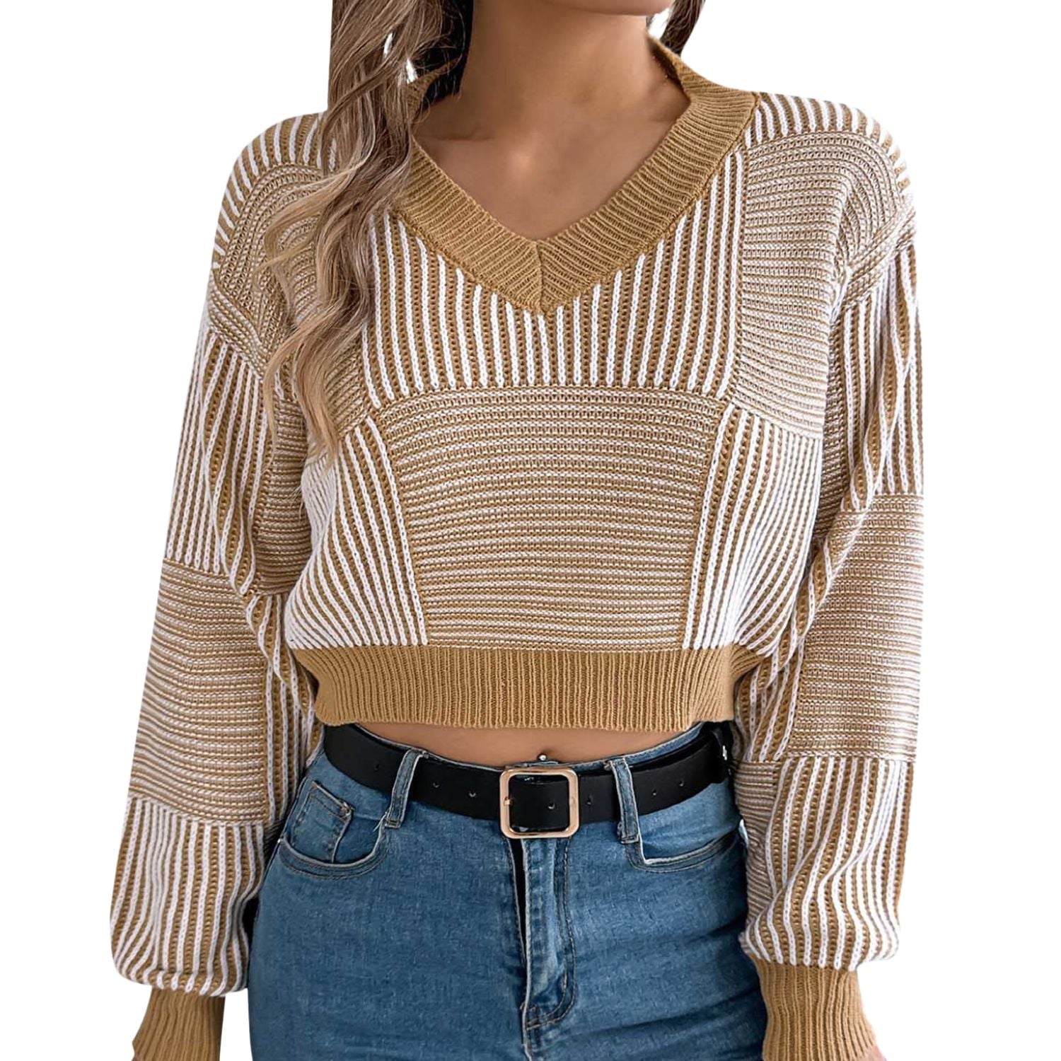 Women’s Striped Knit Crop Sweater | V-Neck Long Sleeve