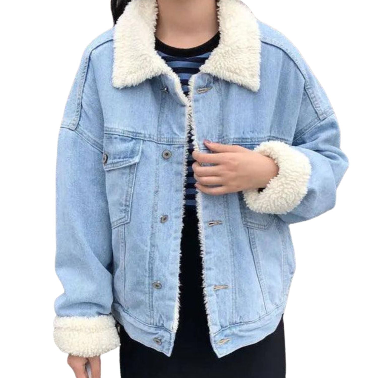 Women’s Sherpa-Lined Denim Jacket – Cozy Fleece Winter Jean Coat (Dark & Light Blue)