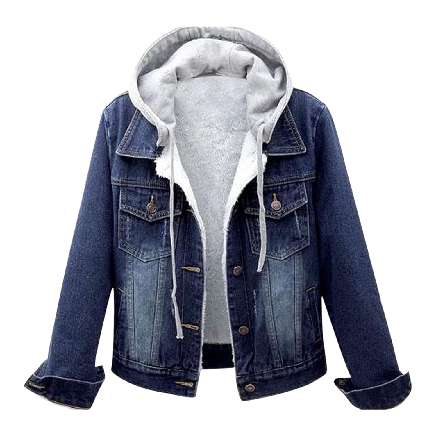 Women’s Fleece-Lined Denim Jacket with Grey Hoodie – Warm Winter Jean Coat