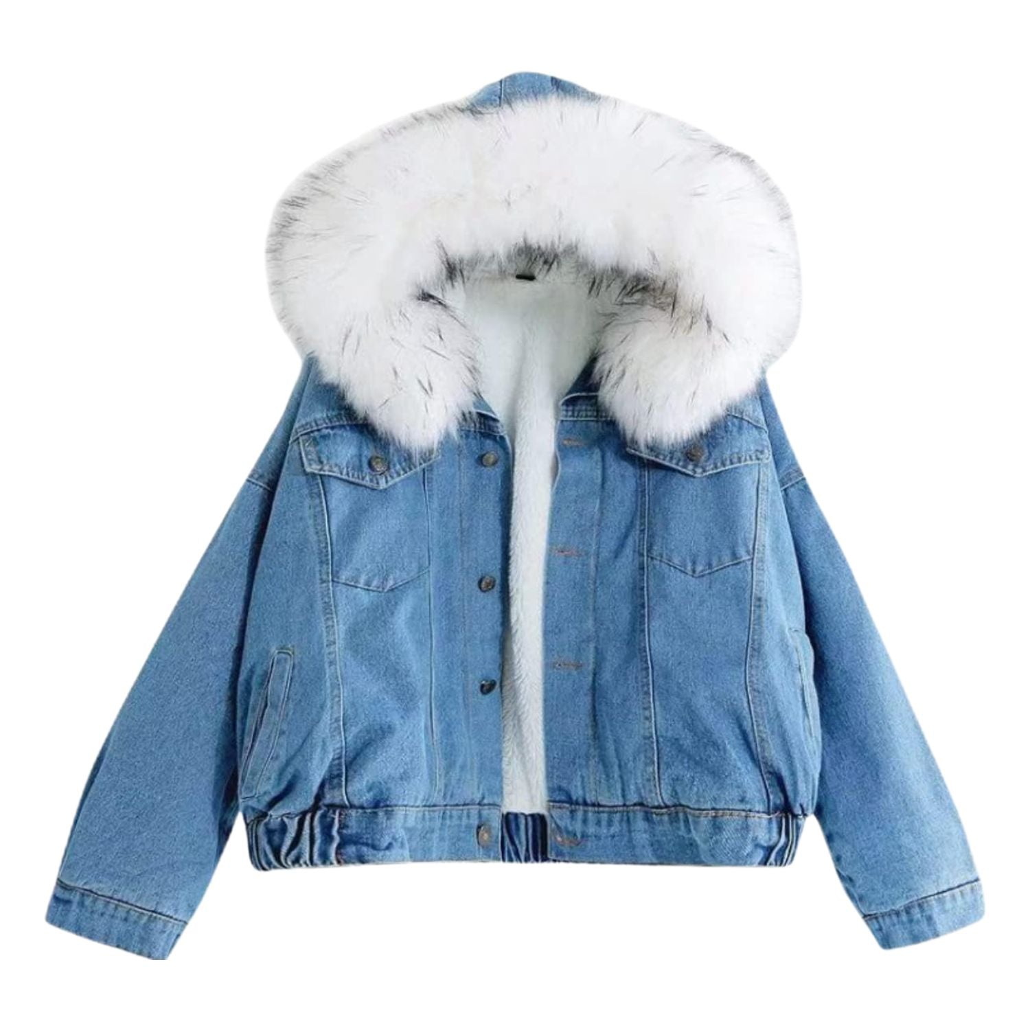 Women’s Luxury Faux Fur Hooded Denim Jacket – Warm Fleece-Lined Winter Jean Coat