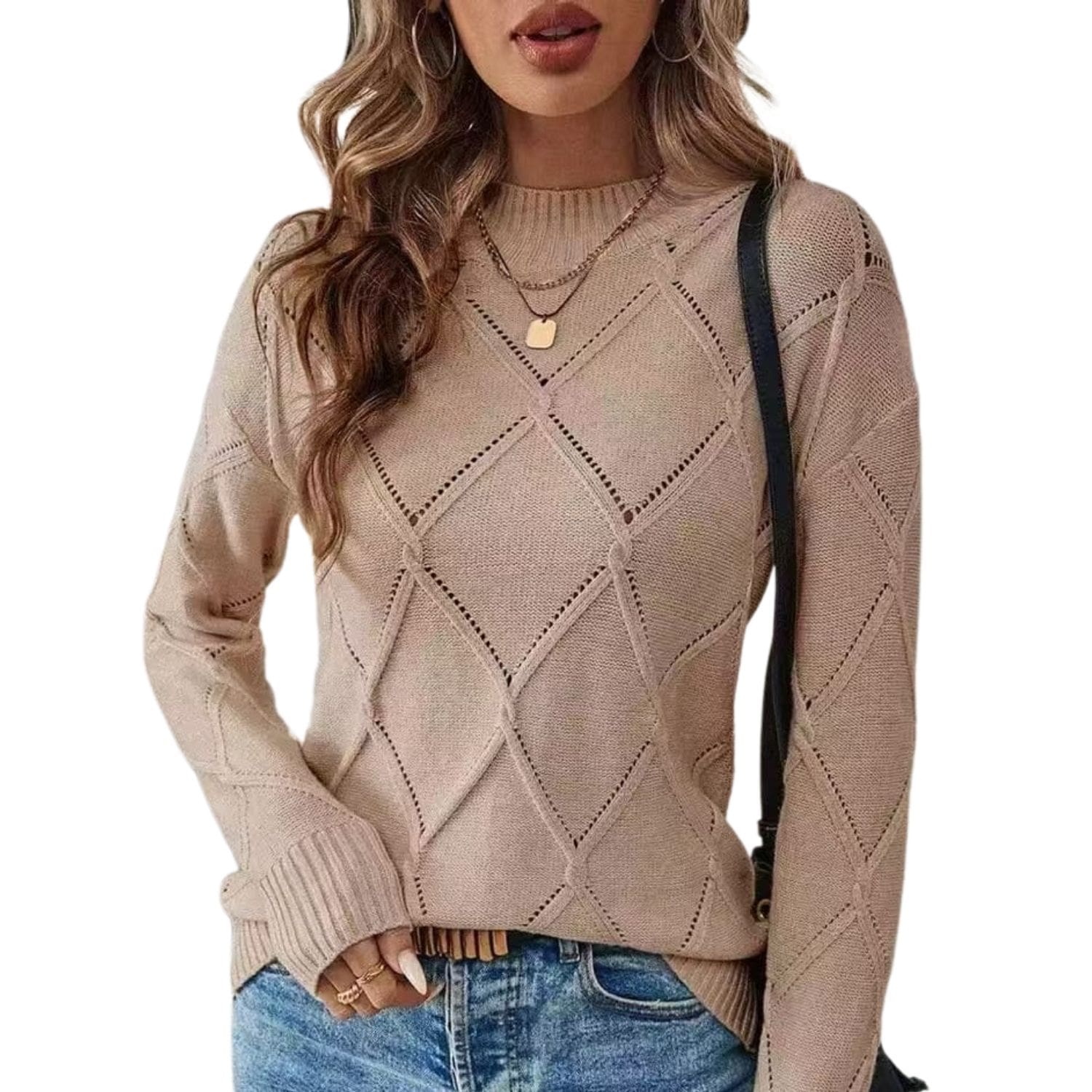 Beige diamond-pattern knit sweater with long sleeves, cozy women’s winter pullover.