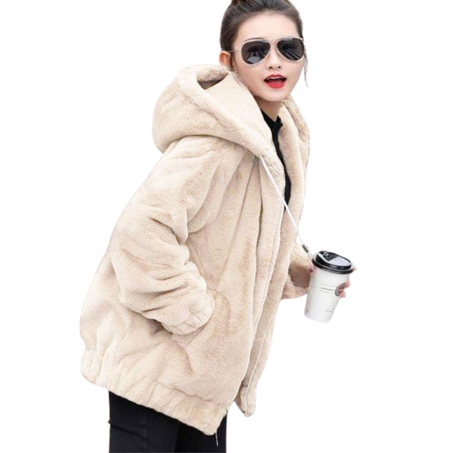 Beige faux fur hooded jacket, soft oversized women’s winter coat.