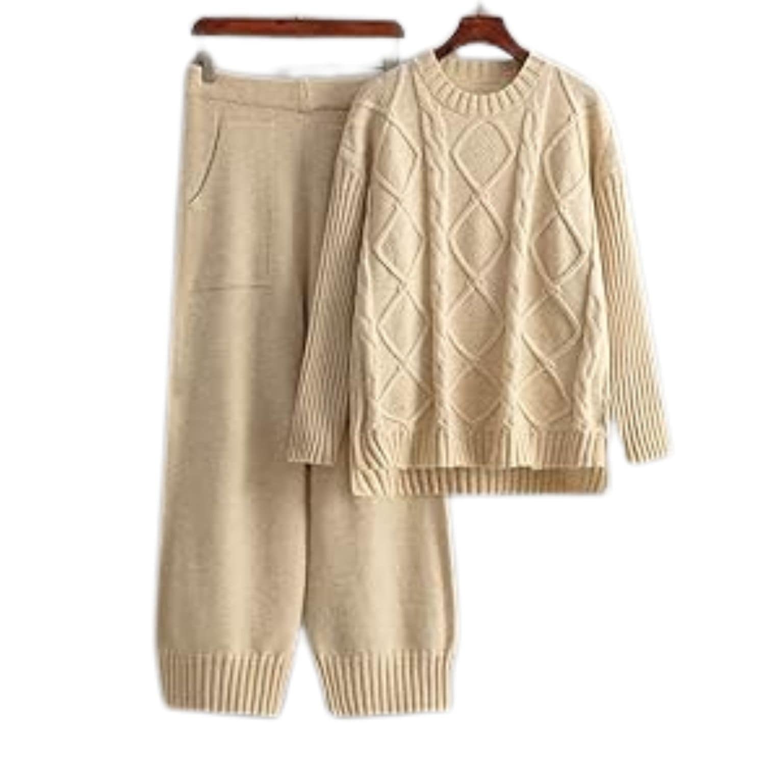 Women’s beige knit loungewear set with a cable-knit sweater and matching relaxed-fit pants