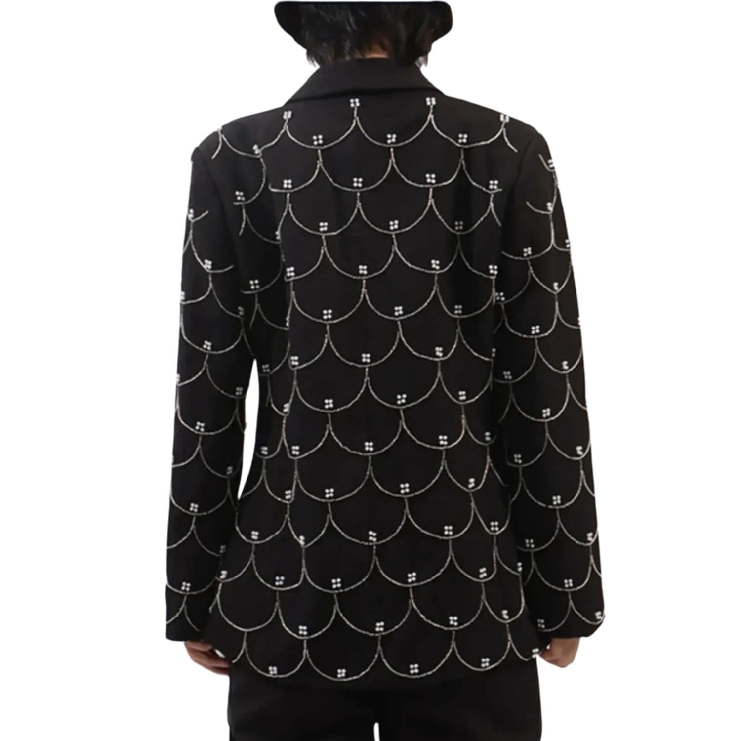 Back view of black women’s blazer with silver chain-style embellished pattern