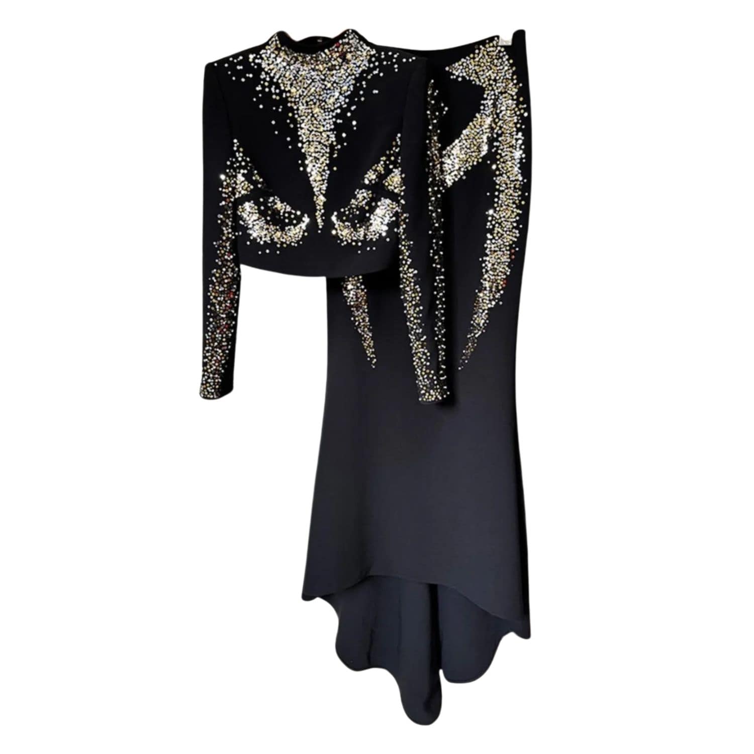 Black two-piece evening outfit featuring a long sleeve embellished crop top and matching high-low skirt with crystal detailing