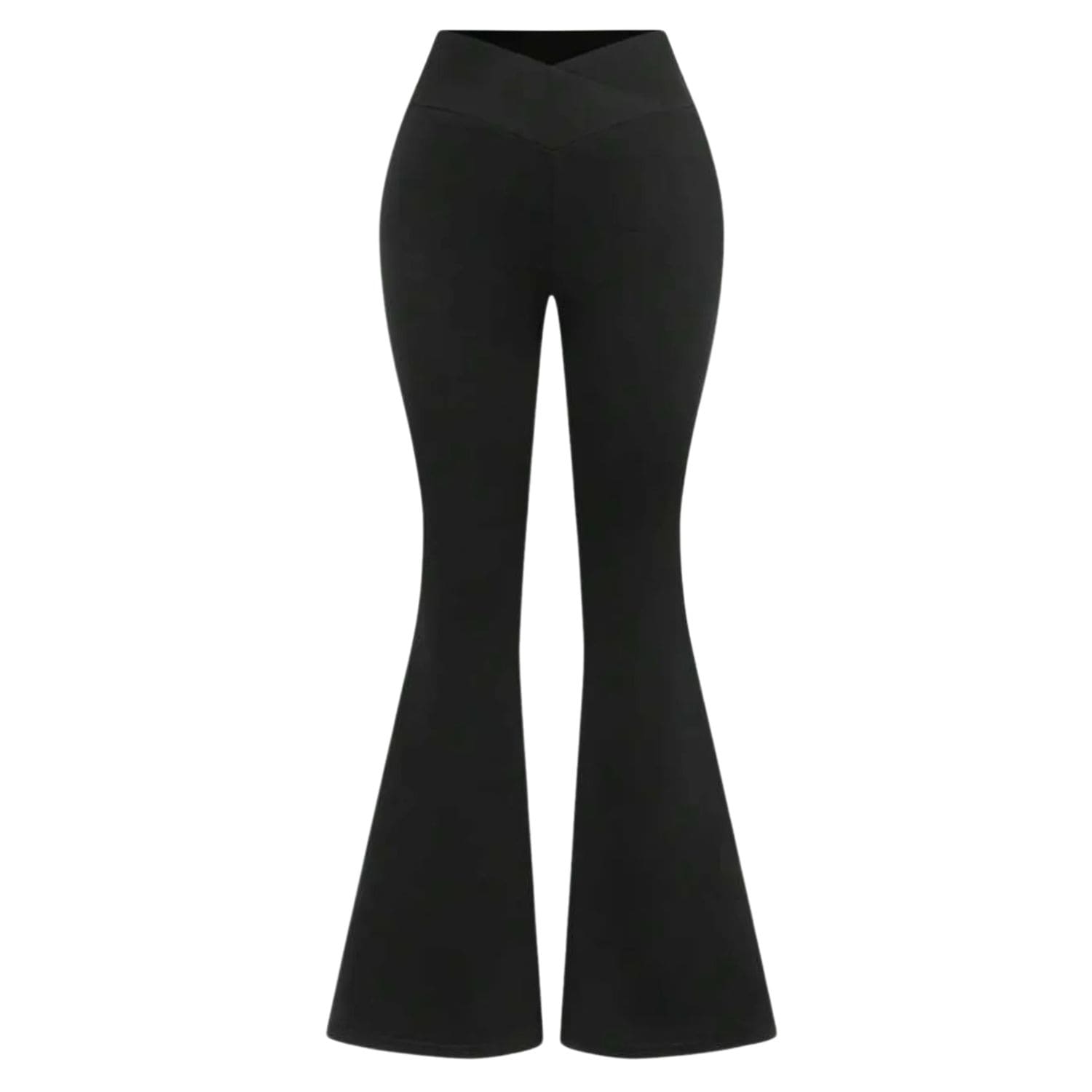 Black high-waisted V-cut flare leggings with slim fit and wide flared hem