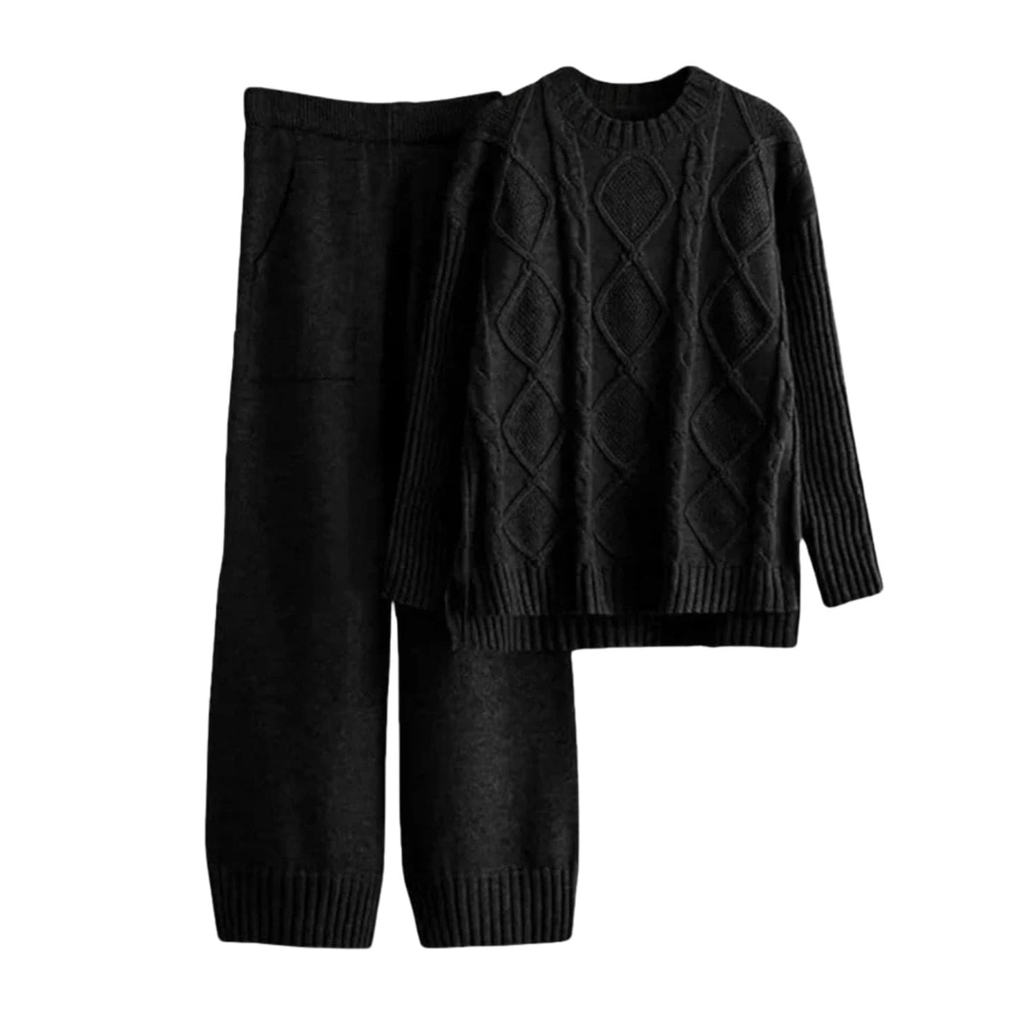 Women’s black knit loungewear set featuring a cable-knit sweater and matching relaxed-fit pants