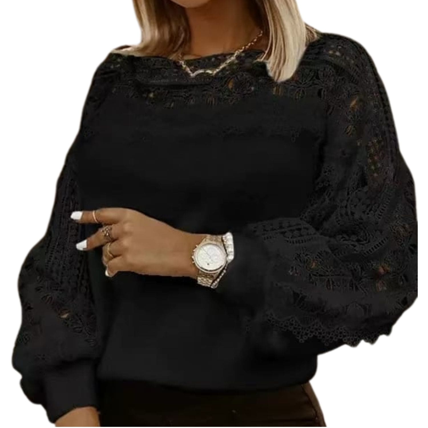 Black blouse with floral lace puff sleeves and lace neckline, elegant women’s long-sleeve top.