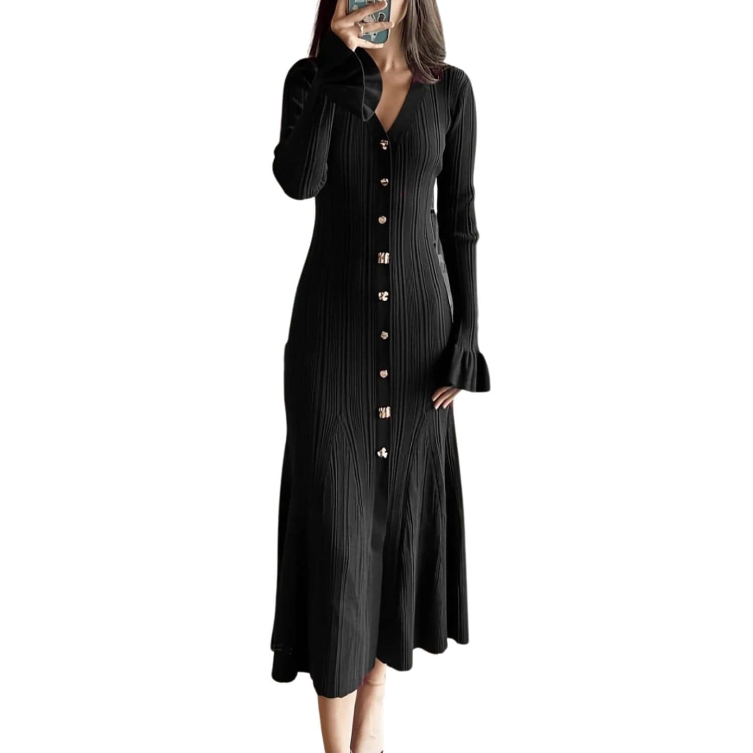 Women’s black ribbed knit long-sleeve maxi dress with gold button-front design, photographed indoors.