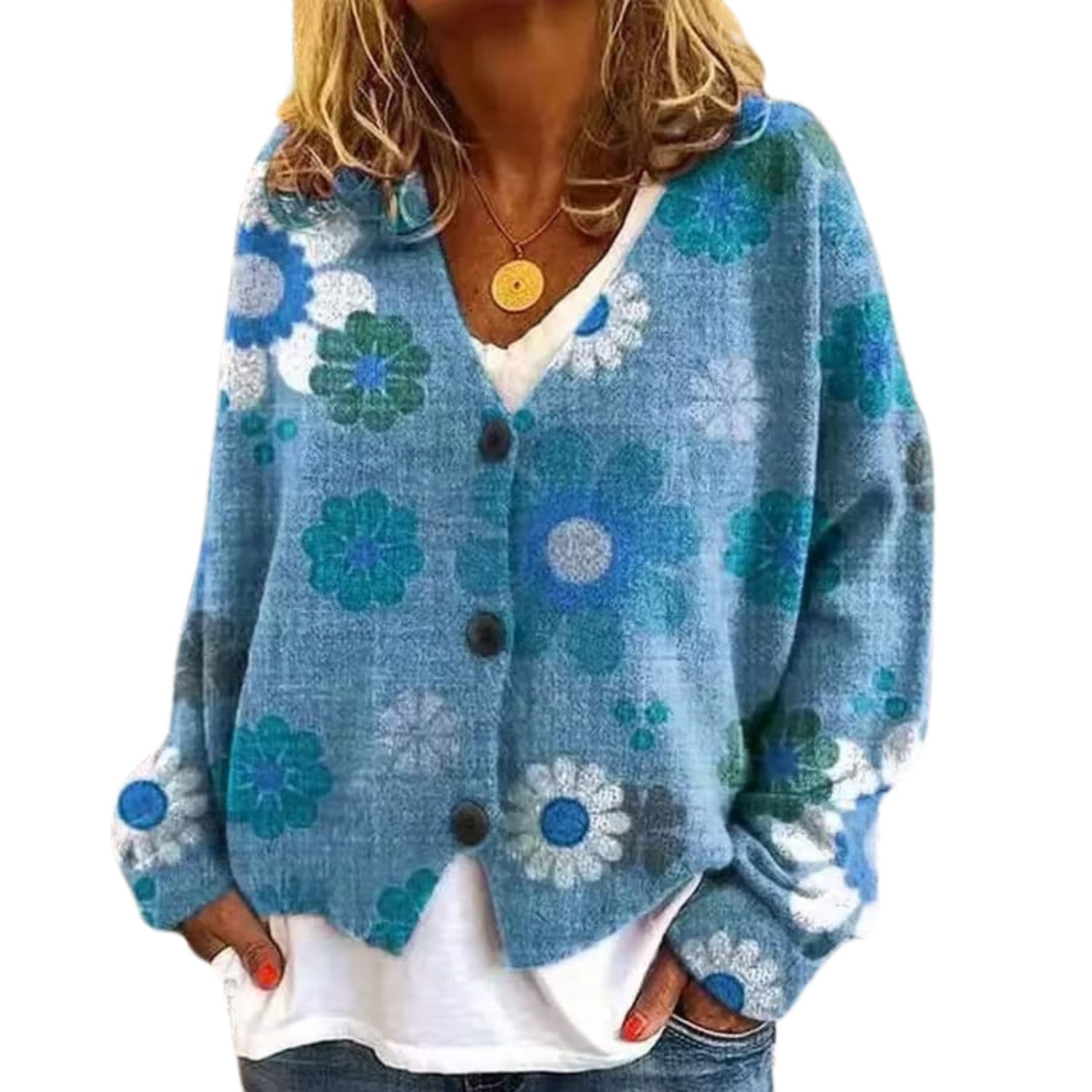 Blue floral button-up cardigan with long sleeves, soft women’s casual knit sweater.