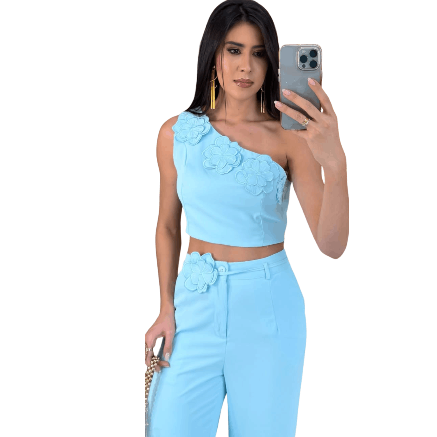 Women's blue one shoulder floral crop top with matching high waist pants stylish two piece outfit