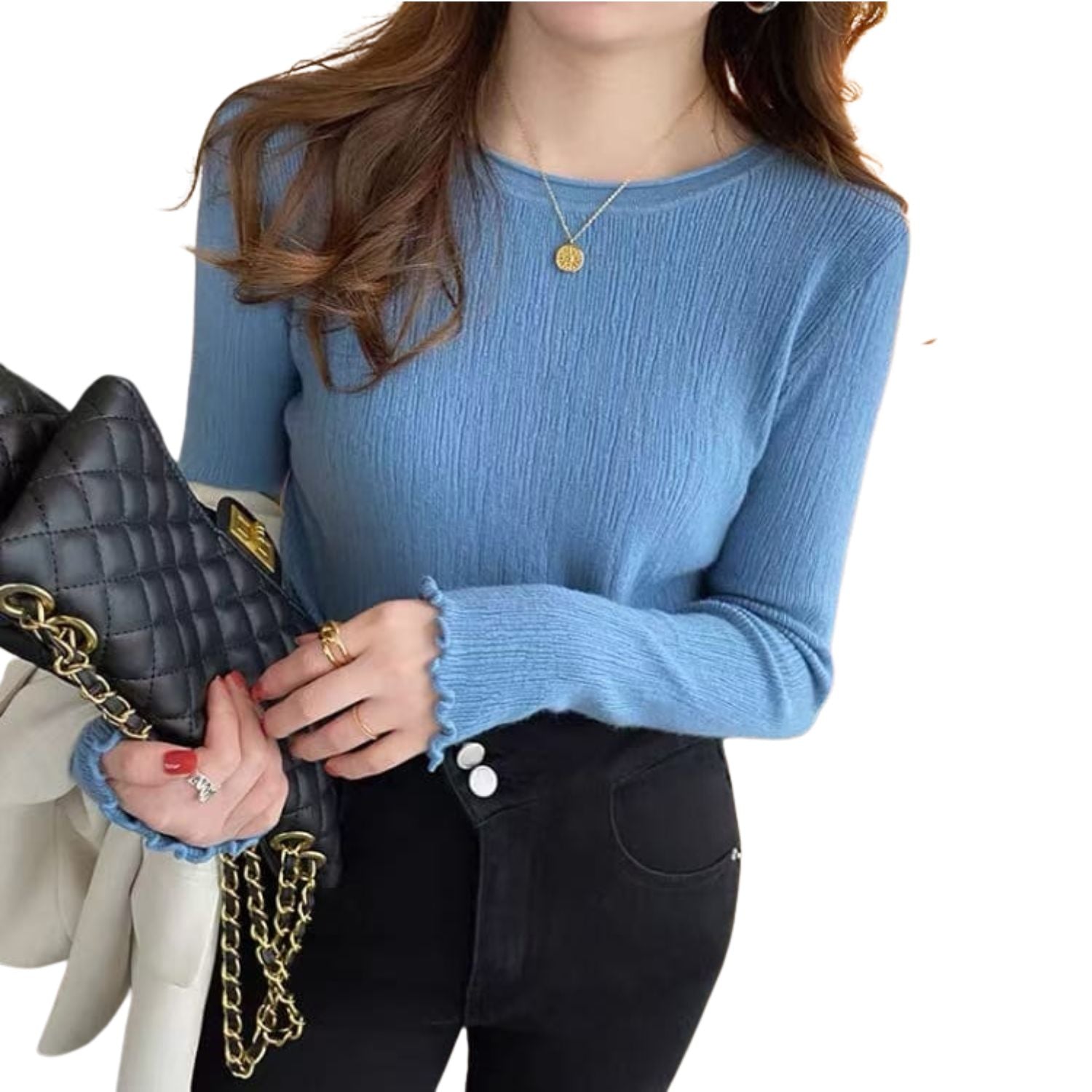 Women’s blue ribbed knit long sleeve top with ruffled cuffs