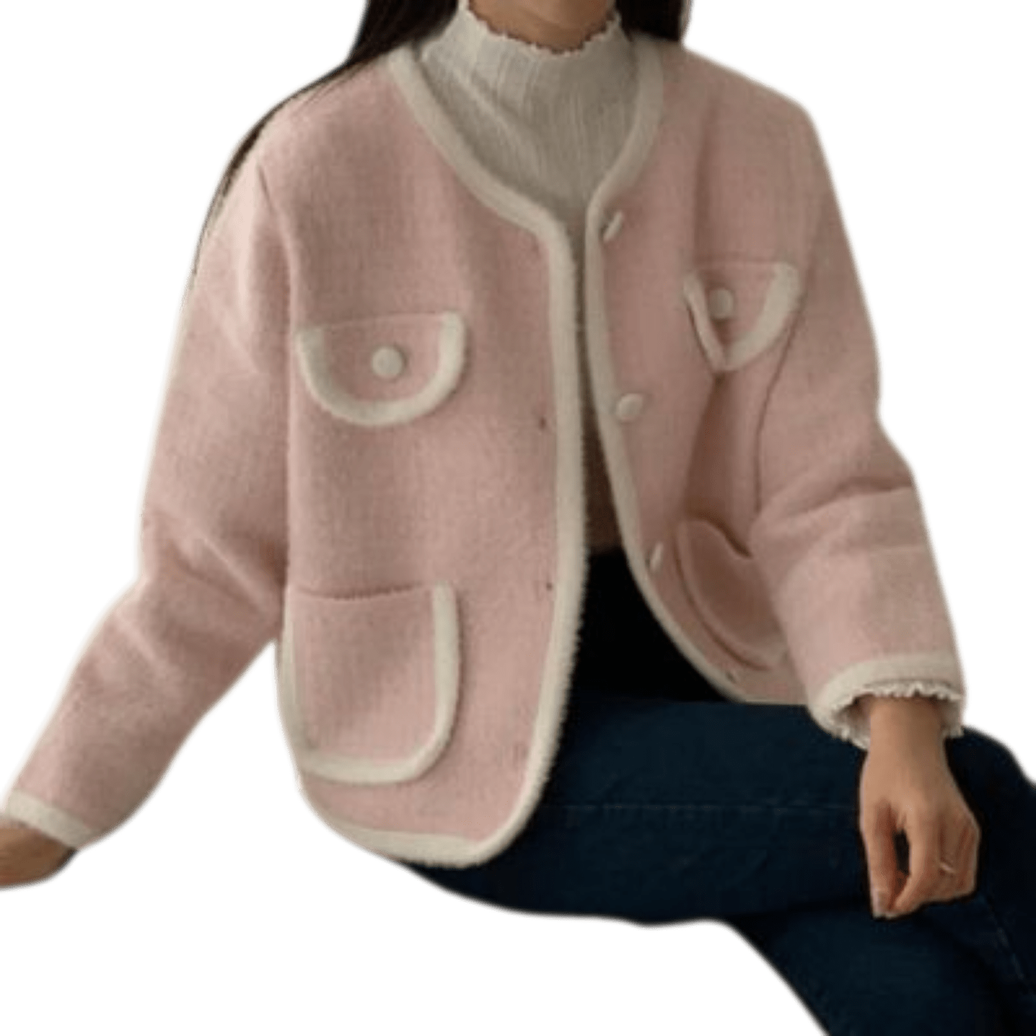 Blush pink jacket with contrast trim, button front, and front patch pockets