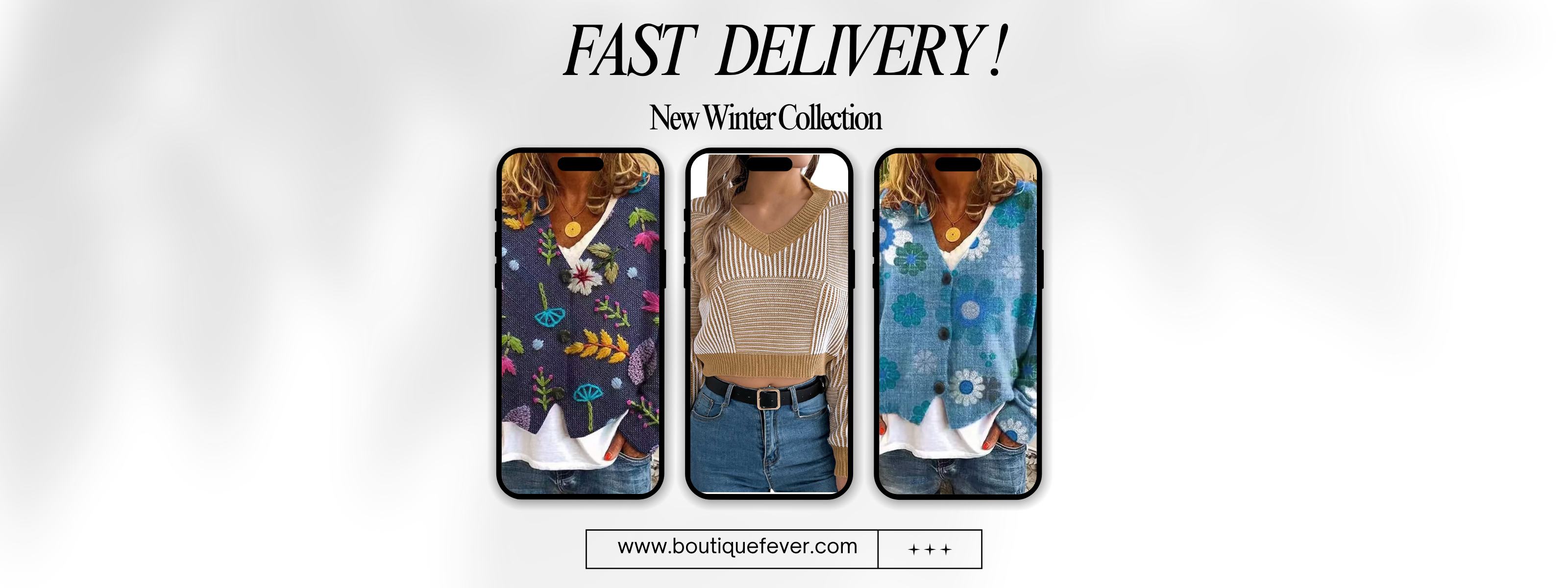 Mobile banner promoting Boutique Fever’s new winter collection featuring women’s sweaters and tops with fast delivery and shopping link.