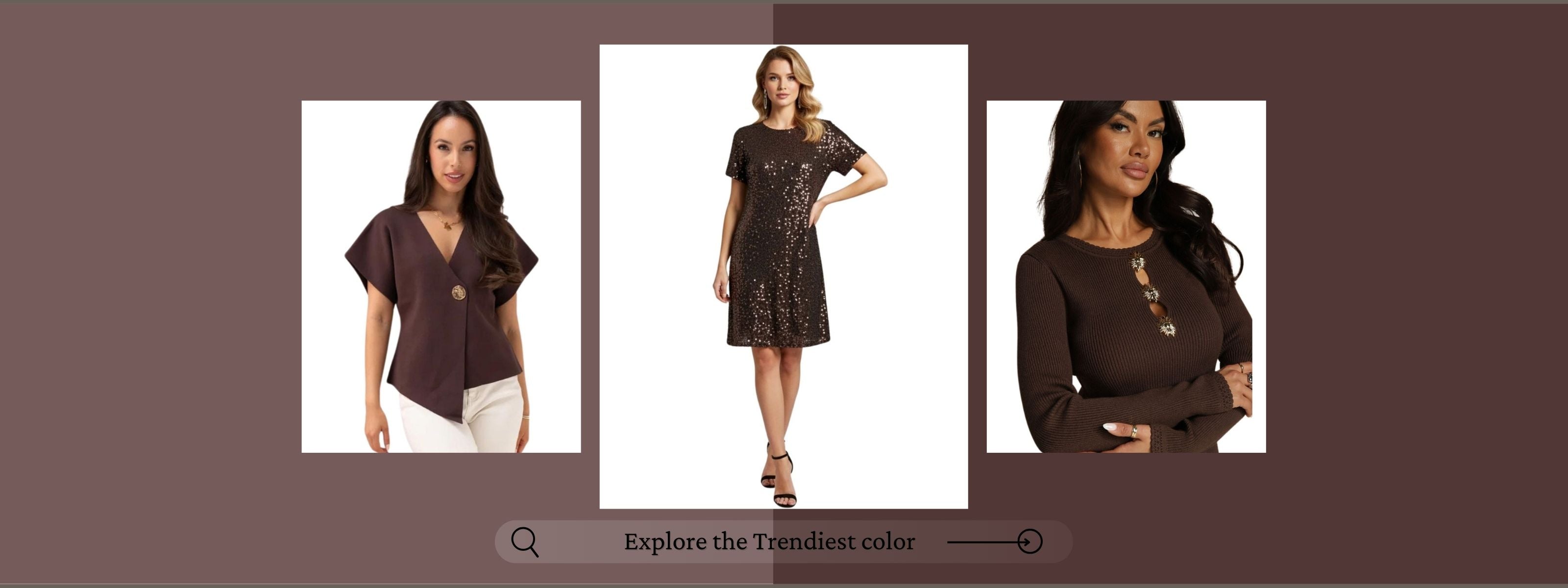 Boutique Fever banner featuring women’s brown tops and dresses showcasing the trendiest color of the season, with a call-to-action button reading ‘Explore the Trendiest Color.