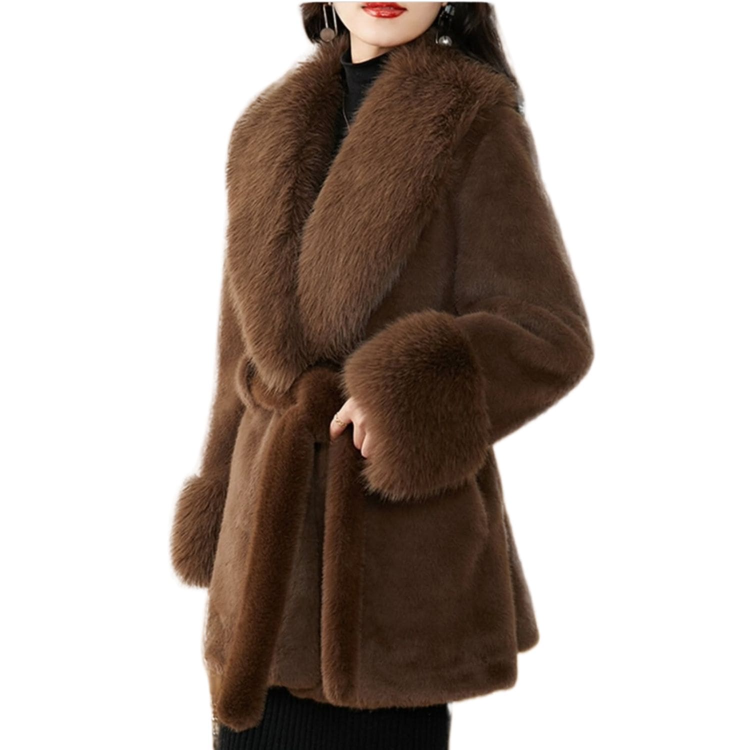 Faux Fur Coat with Wide Collar and Belted Waist
