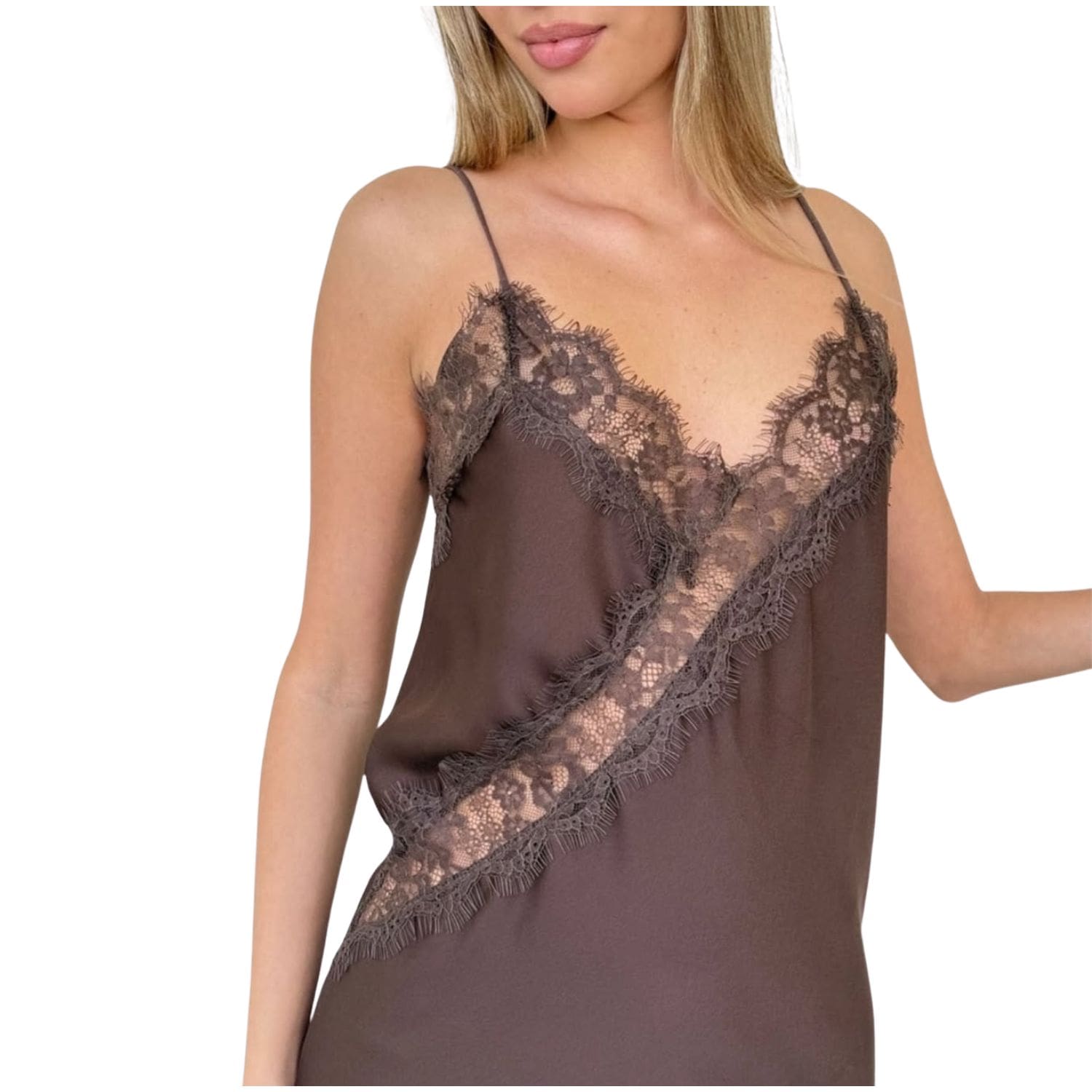 “Brown satin lace slip dress featuring delicate floral lace trim