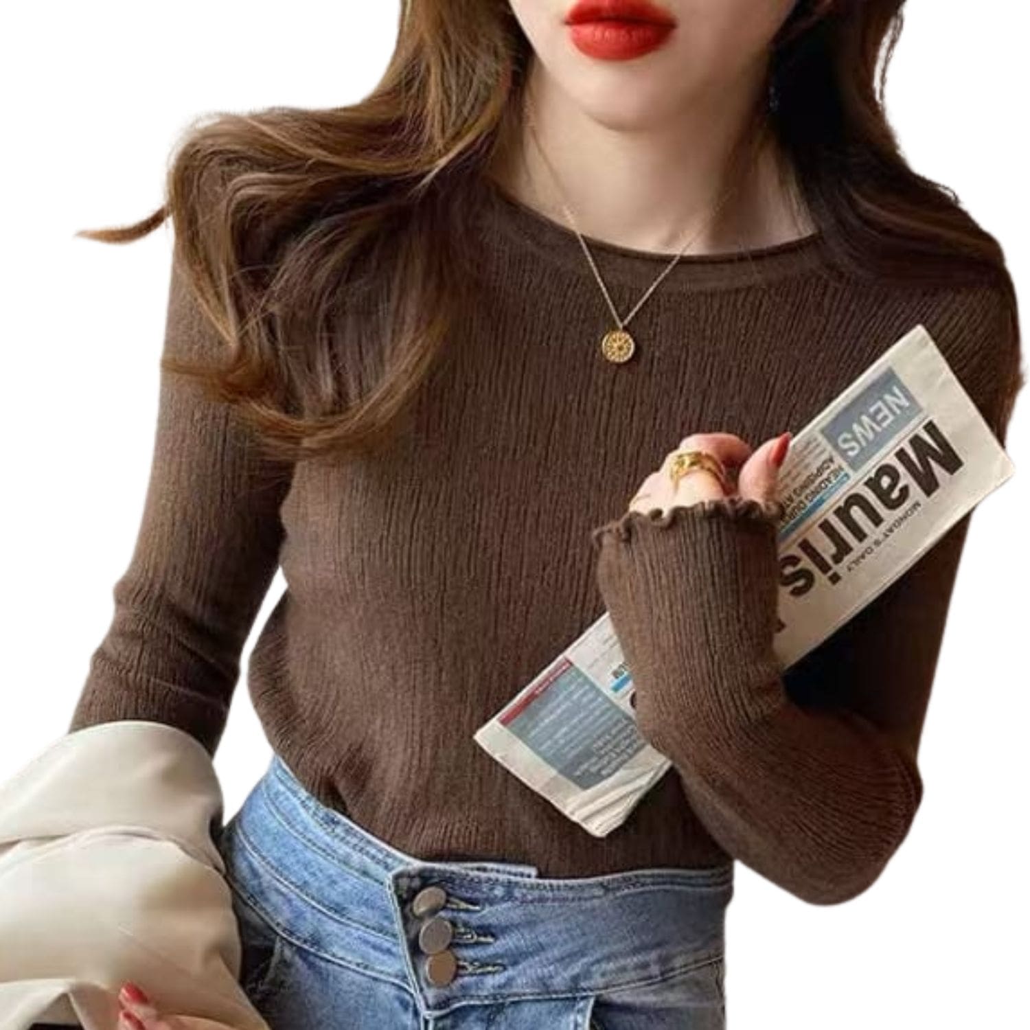 Casual women’s brown ribbed knit long-sleeve top styled with layered necklaces and high-waisted buttoned jeans.