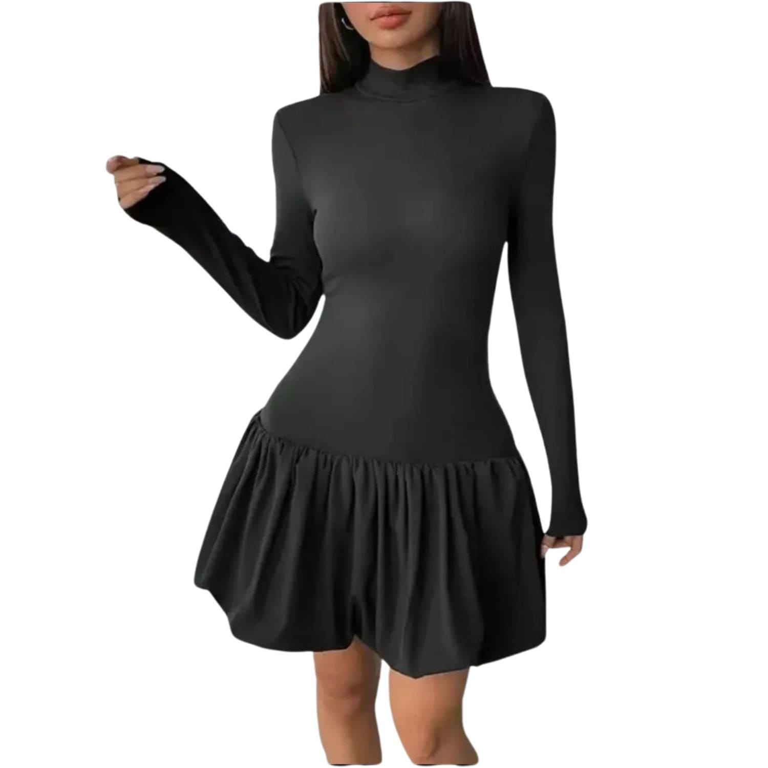 Woman wearing a black long sleeve mock neck mini dress with a bubble hem