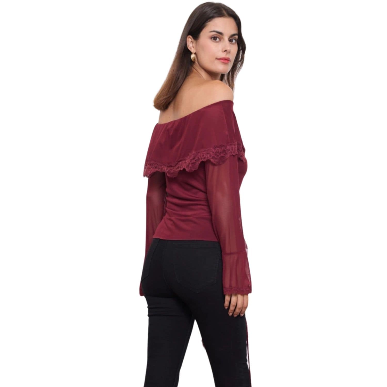 Back view of burgundy off-shoulder lace top with sheer long sleeves.