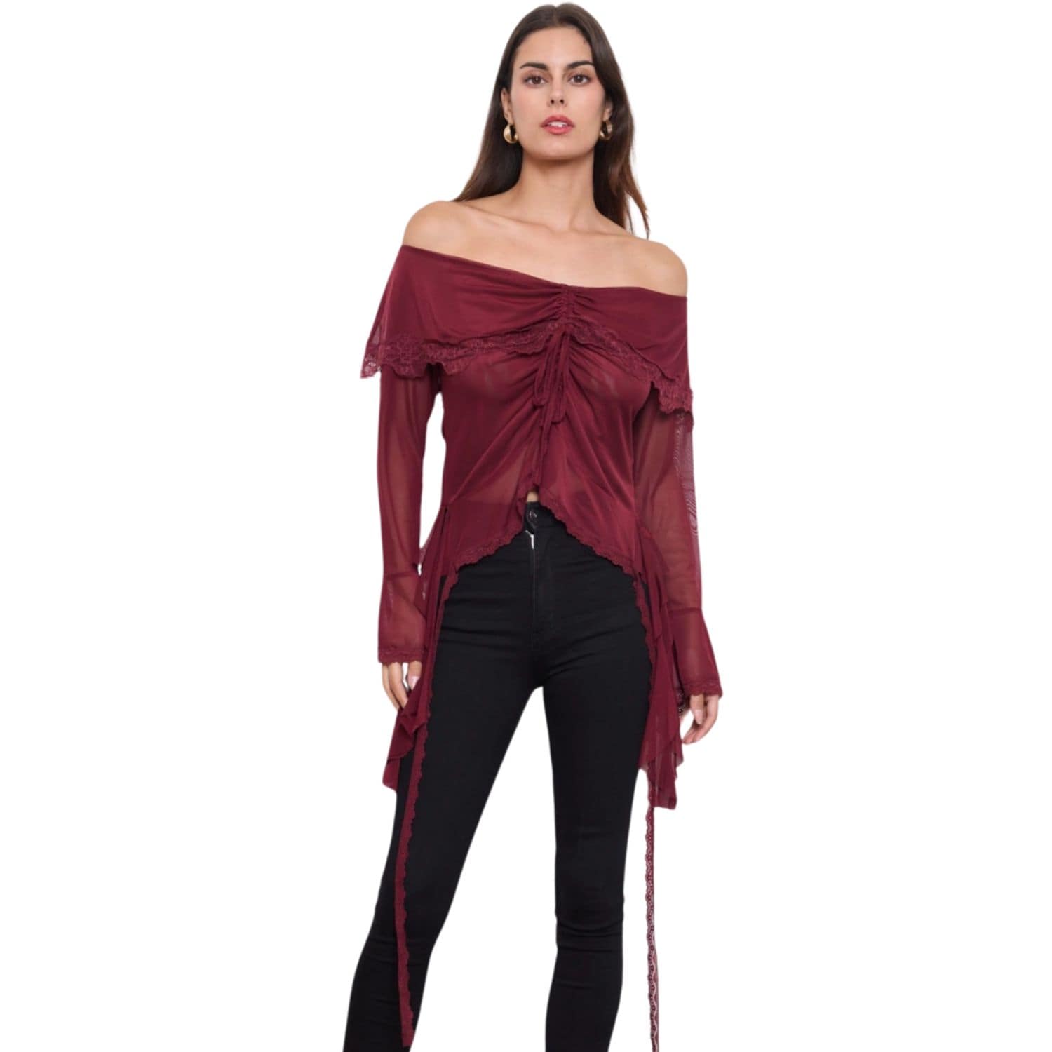 Women’s burgundy off-shoulder sheer long-sleeve top with lace trim and ruched front detail