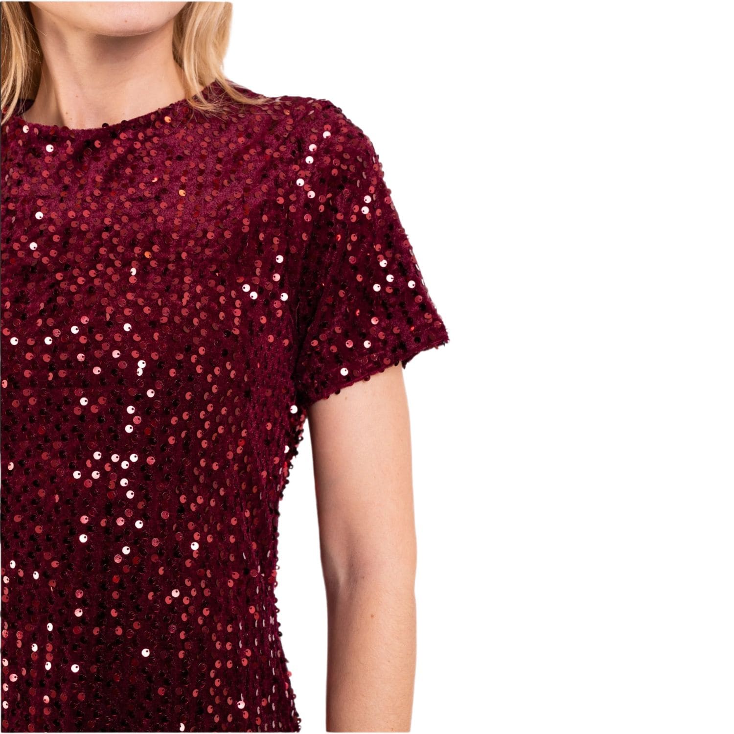 Close-up of burgundy sequin short-sleeve mini dress showing fabric and sequin detail.