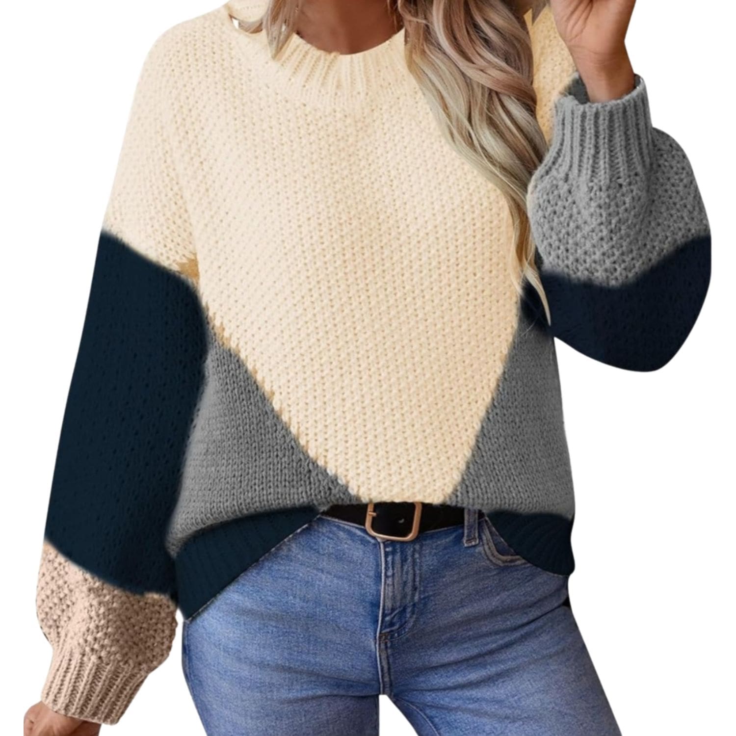 Women’s chunky knit colorblock sweater with long sleeves, cozy winter pullover.