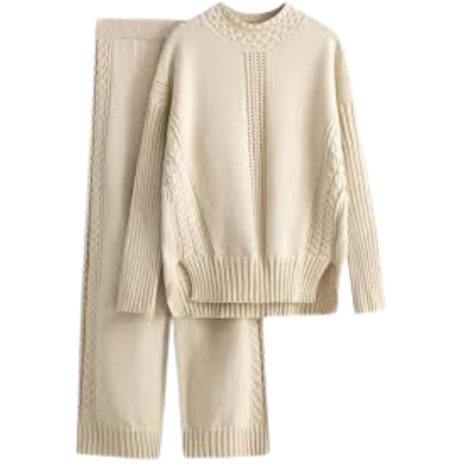 Women’s cream knit two-piece loungewear set with long-sleeve sweater and matching pants, ribbed and cable-knit detailing