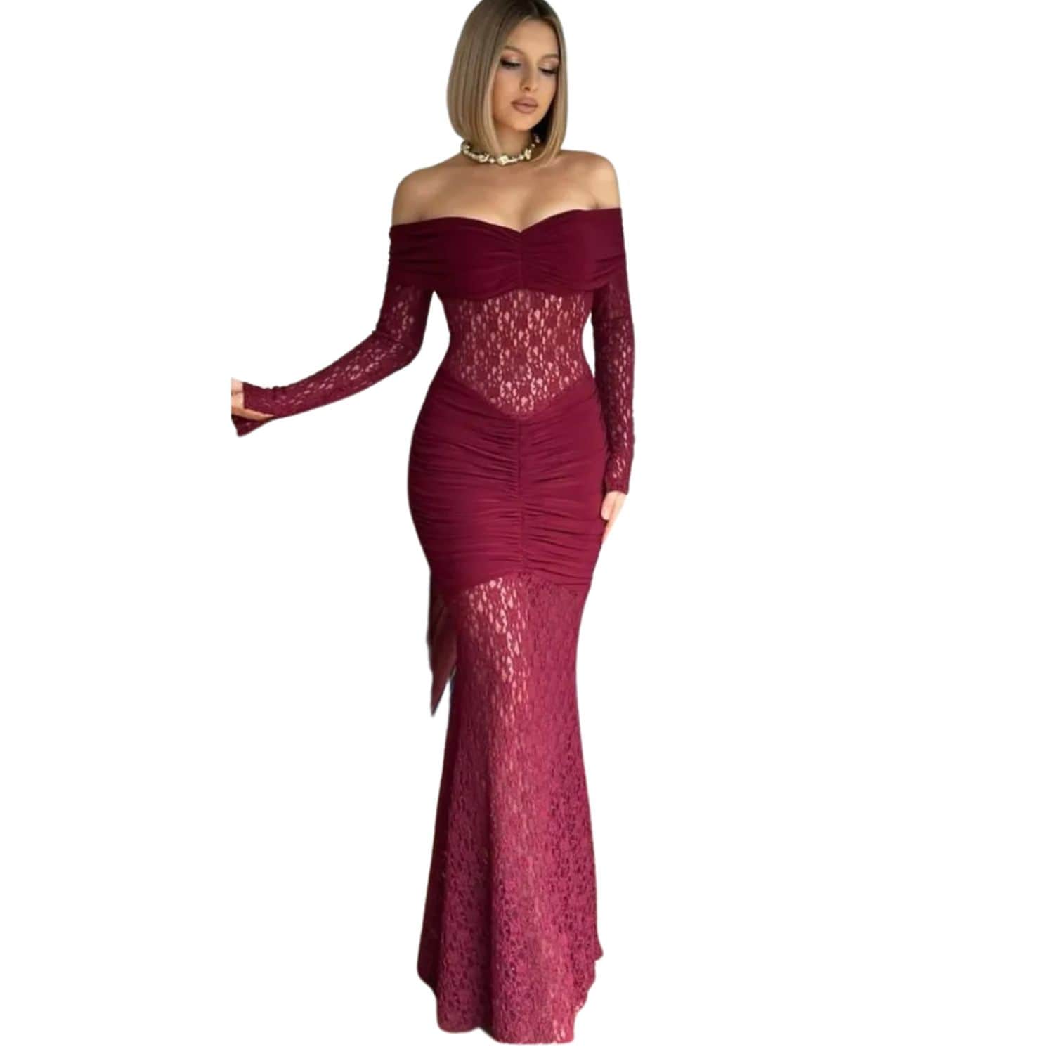 Woman wearing an elegant off-shoulder burgundy lace maxi dress with long sleeves