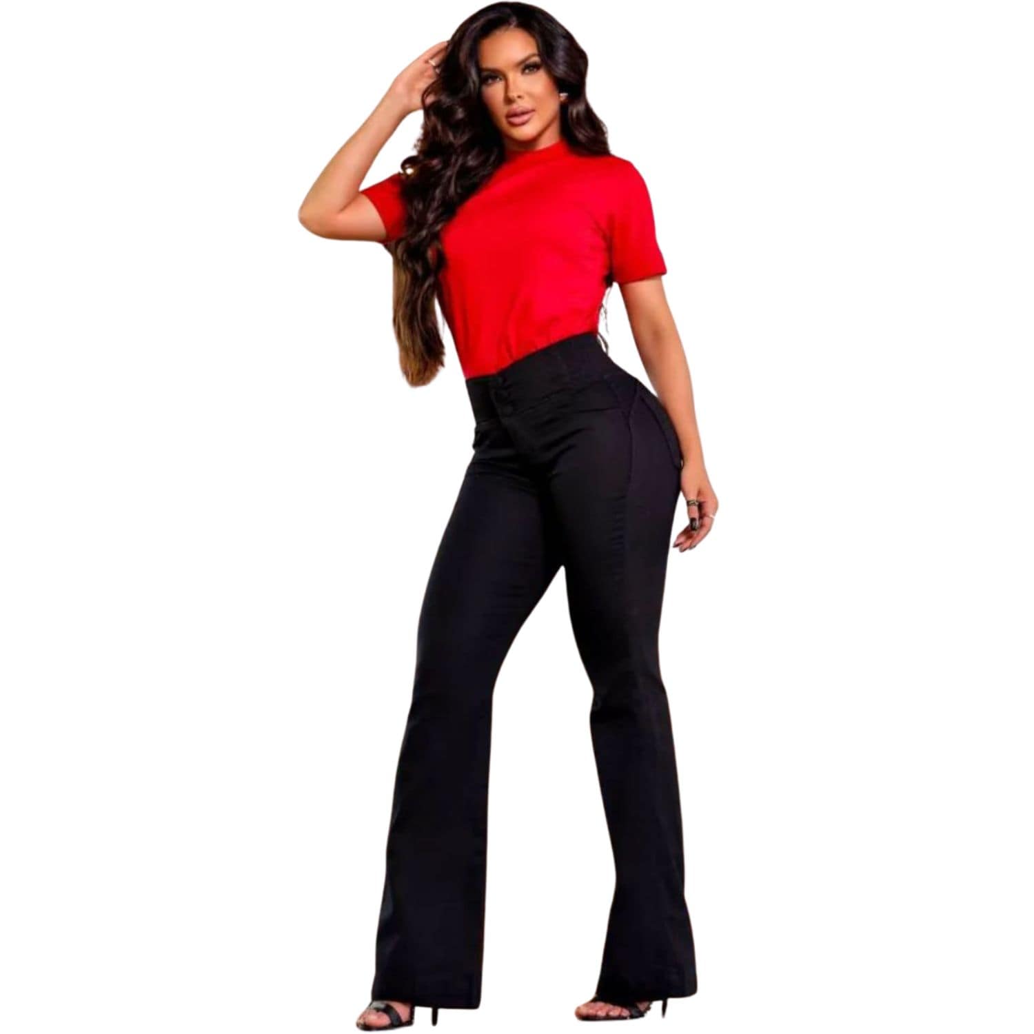 Women’s high-waisted black flare pants made from stretch fabric, dressy fitted trousers