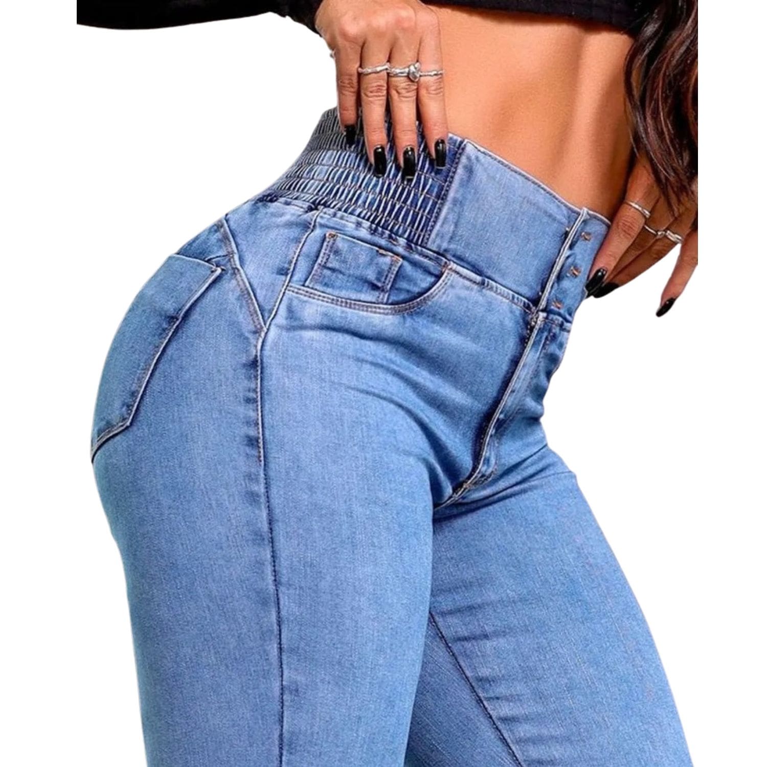 Women’s high-waisted light wash jeans made from stretch denim with smocked waistband
