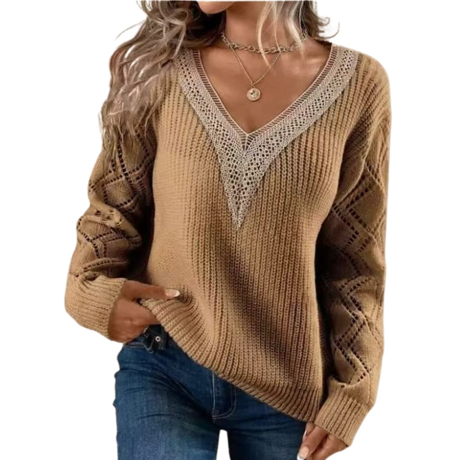 Women’s brown knitted V-neck sweater with lace trim and long sleeves