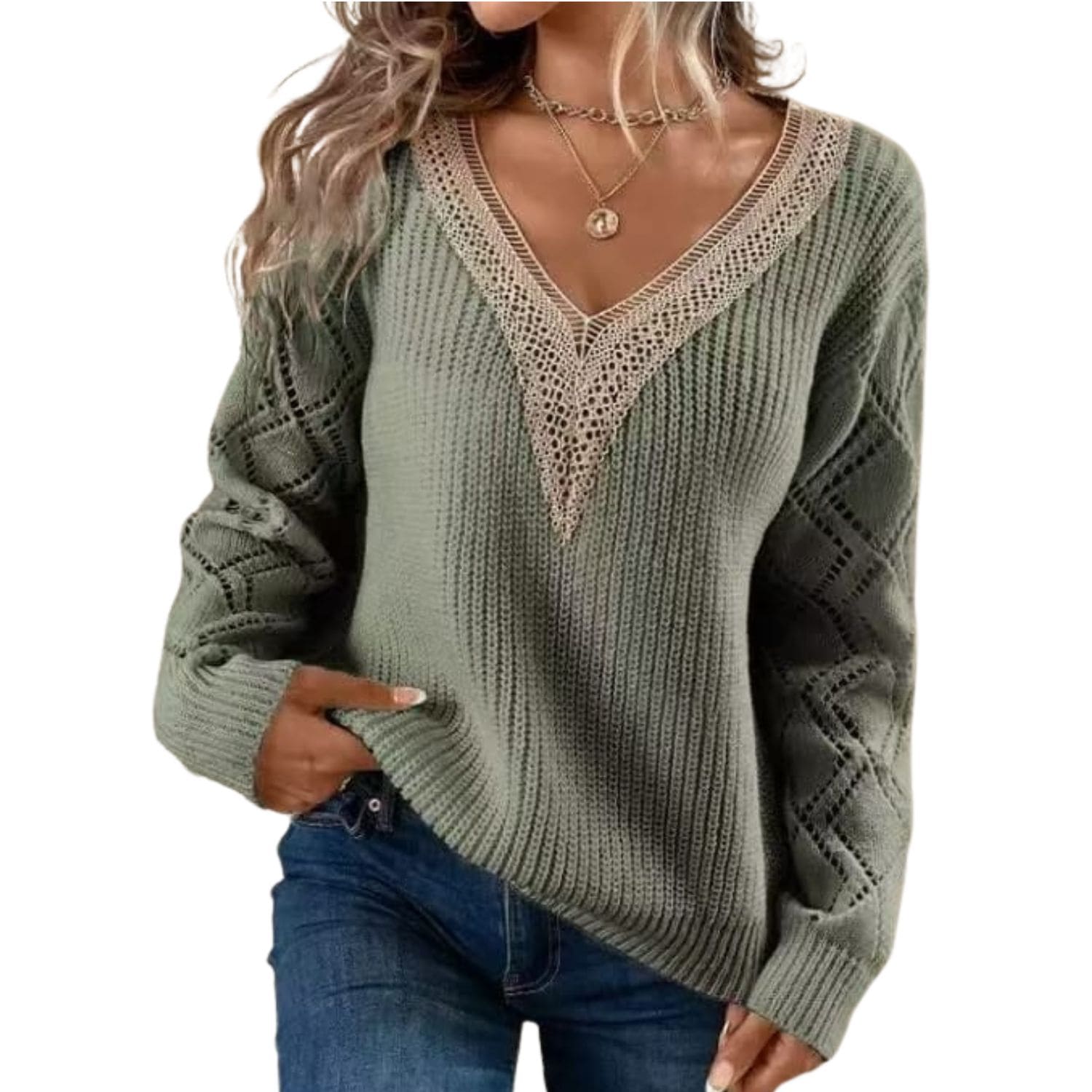 Women’s knitted V-neck sweater with lace trim and long sleeves in a sage green color.