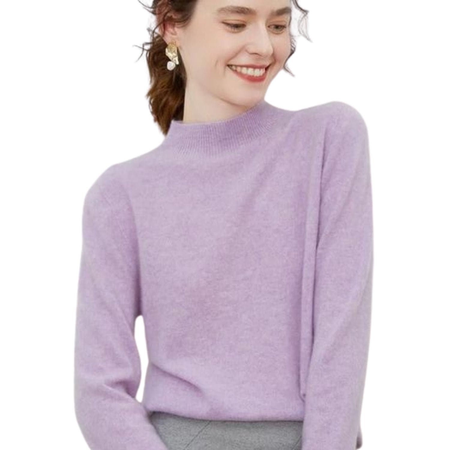 Woman wearing a light purple mock-neck cashmere knit sweater with long sleeves, smiling and posing against a white background