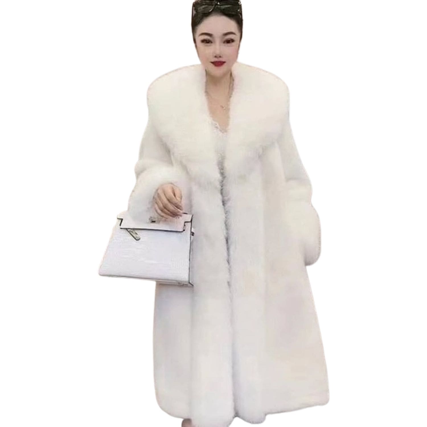 Woman wearing a long white faux fur coat with oversized collar and wide fur cuffs
