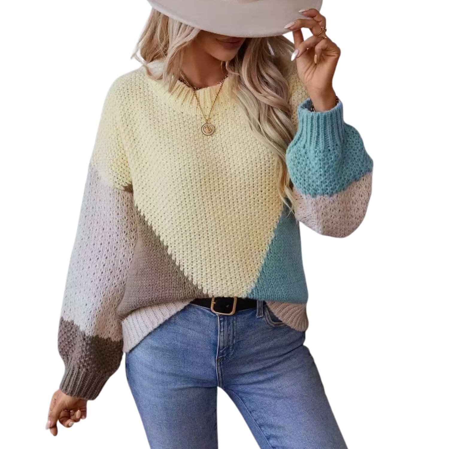 Women’s pastel color block chunky knit sweater with long sleeves, cozy winter pullover.