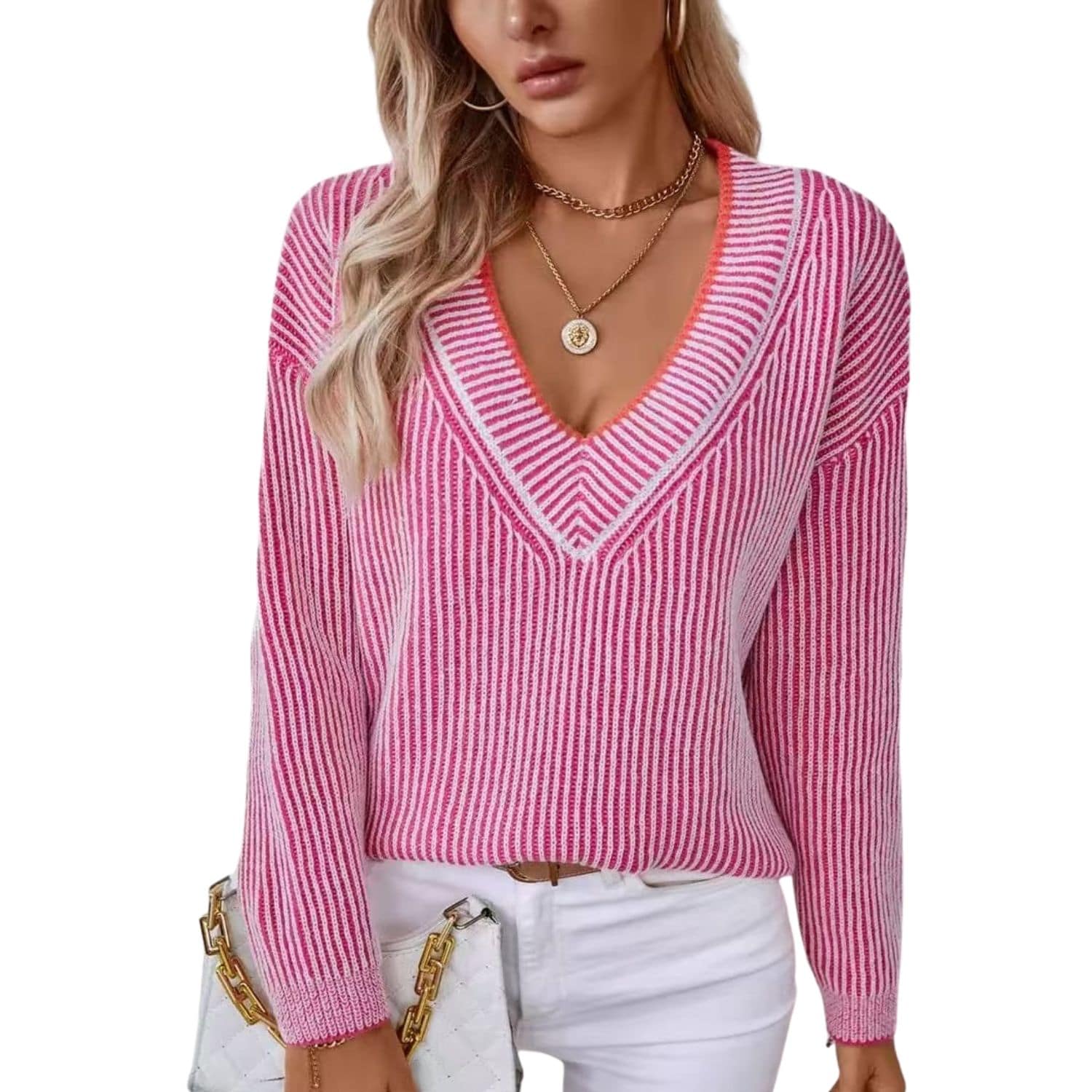 Pink and white striped V-neck knit sweater with long sleeves and a fitted casual design