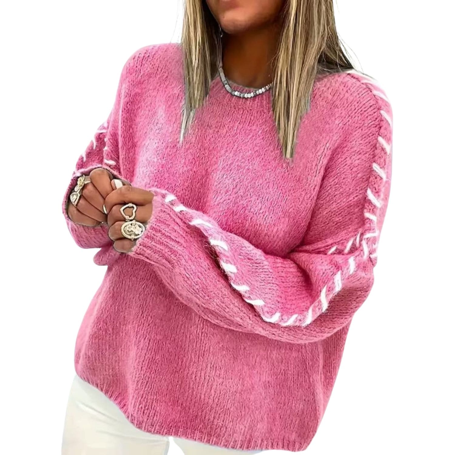 Pink knit sweater with white braided stitching along the sleeves, long-sleeve cozy pullover top