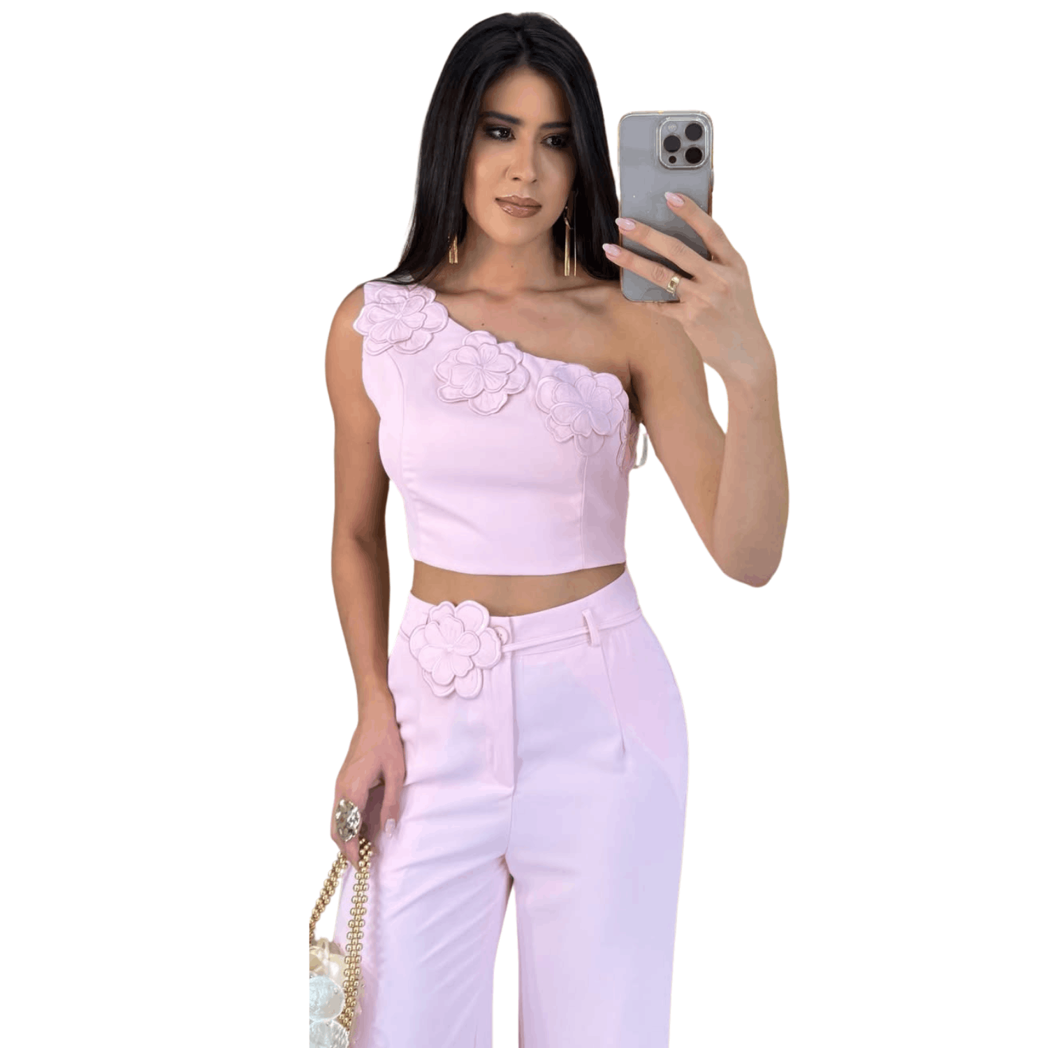 Women's pink one shoulder floral crop top with matching high waist pants elegant two piece set