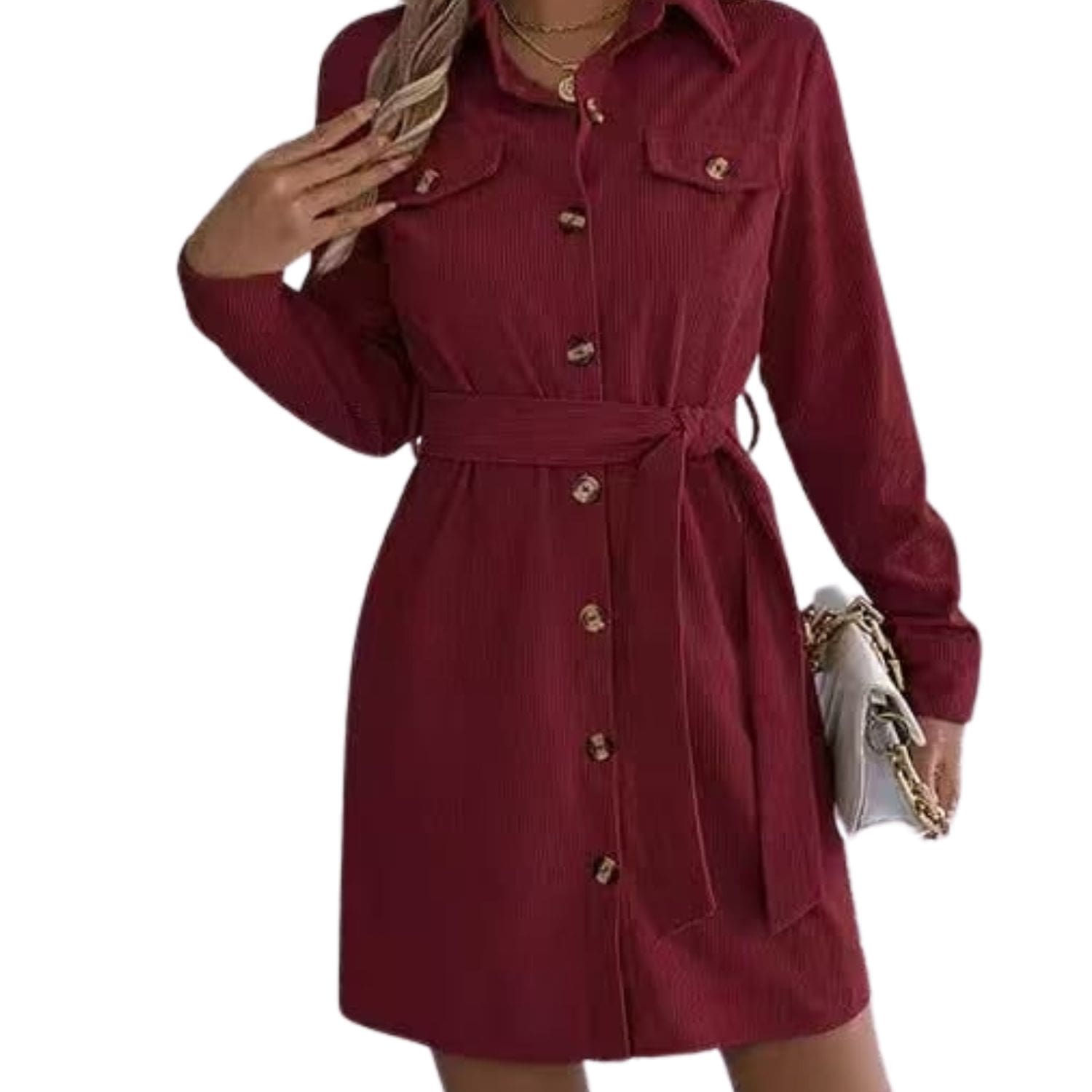 Women’s red button-down shirt dress with long sleeves and waist belt.