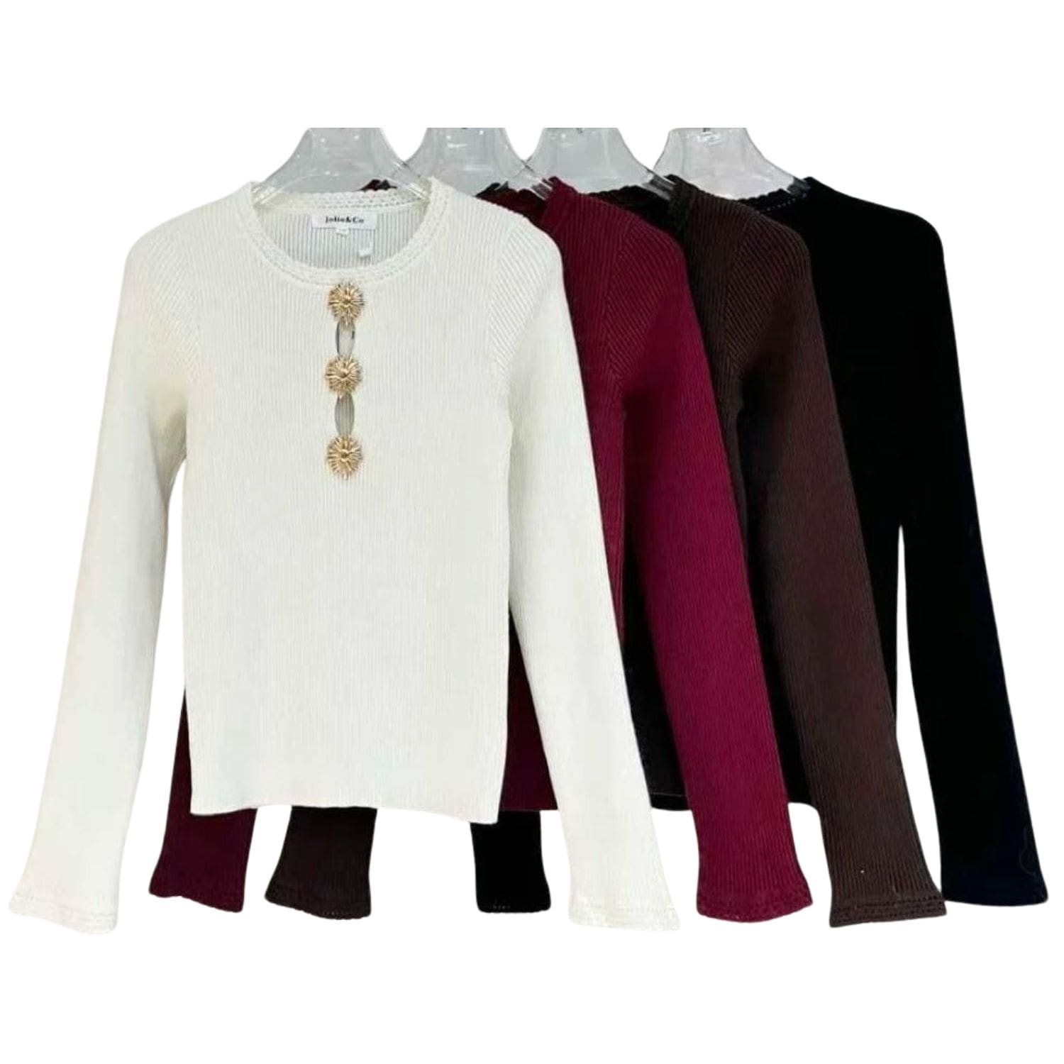 women’s ribbed knit long-sleeve tops with gold floral button details in white, burgundy, brown, and black