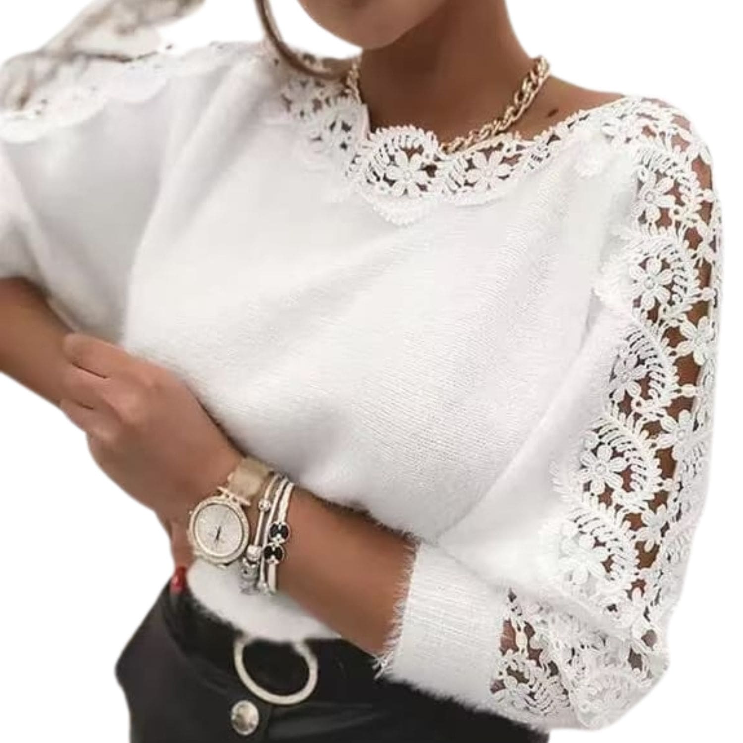 White blouse with floral lace sleeves and lace neckline, elegant women’s long-sleeve top.