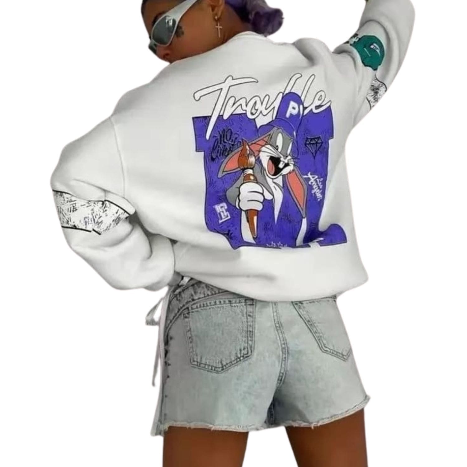 Back view of oversized white streetwear sweatshirt featuring Bugs Bunny graphic and ‘Trouble Maker’ print