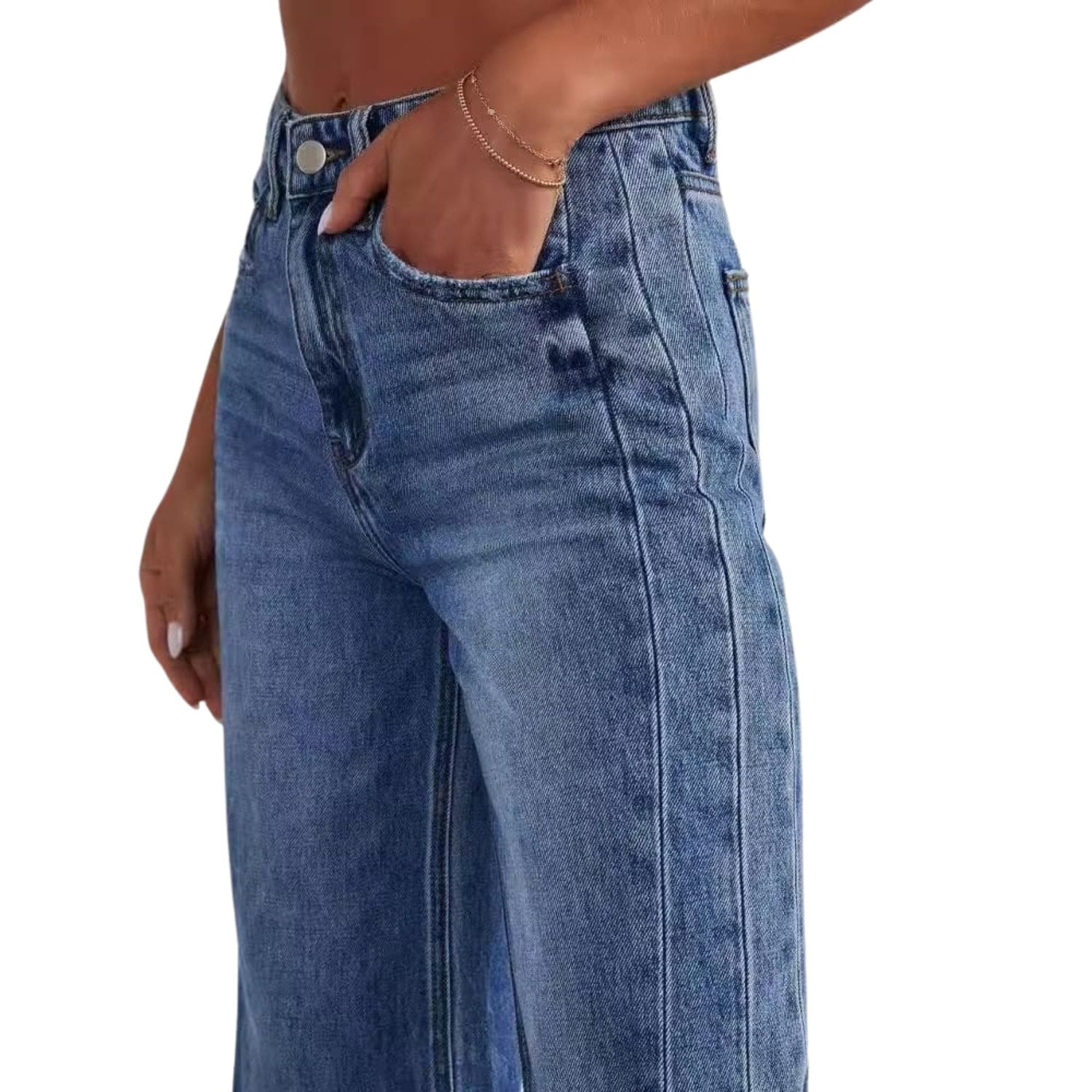 Close-up of women’s high-waisted wide-leg blue denim jeans with raw hem