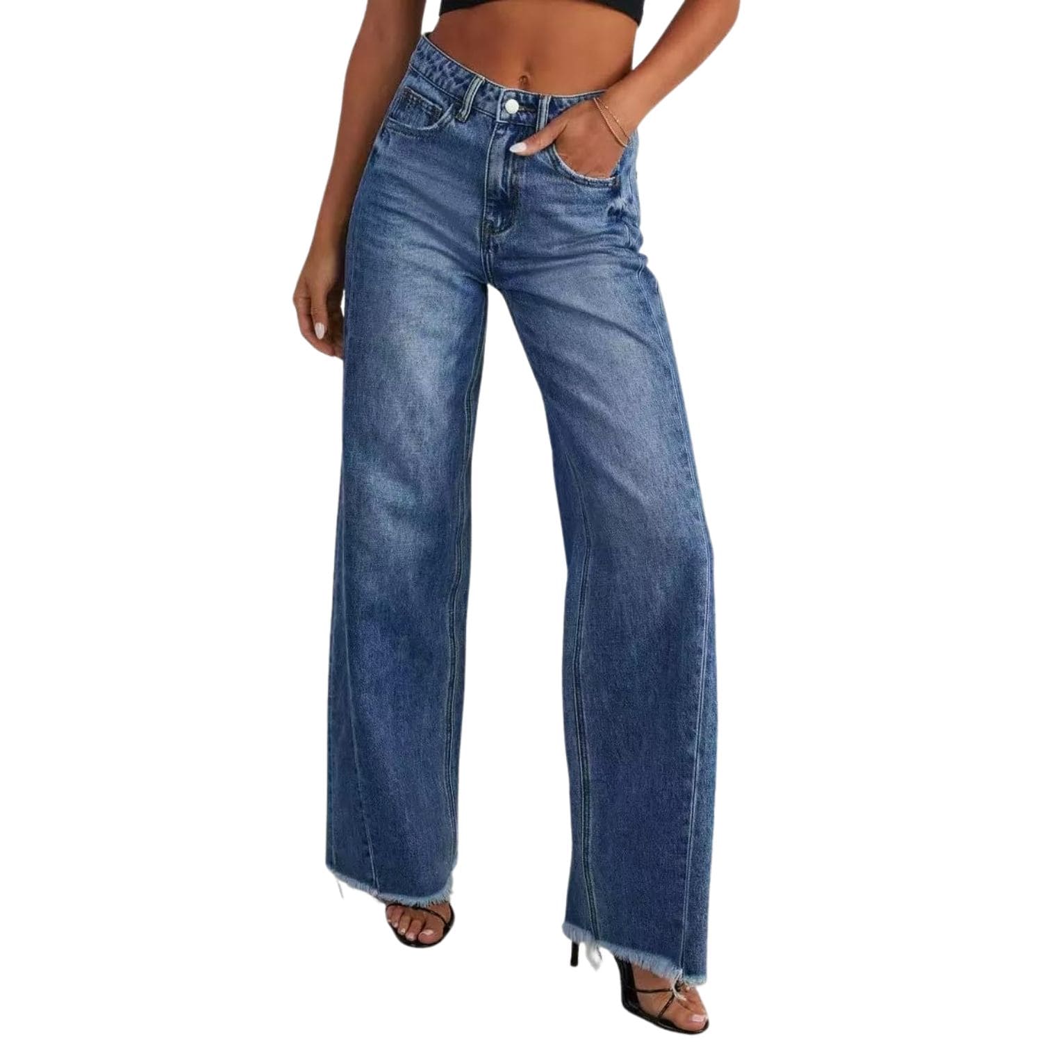 Women’s high-waisted wide-leg blue denim jeans with raw hem.