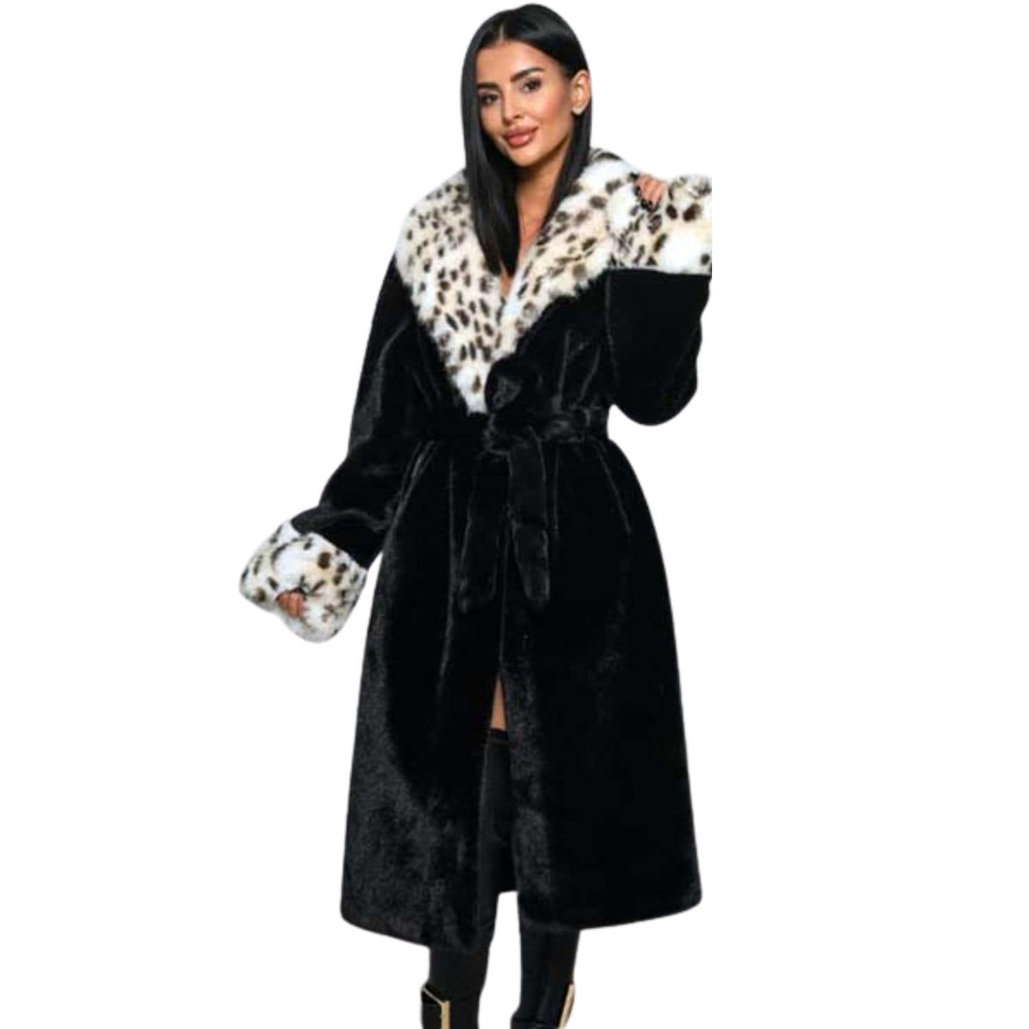 Woman wearing a long black faux fur coat with leopard print collar and cuffs
