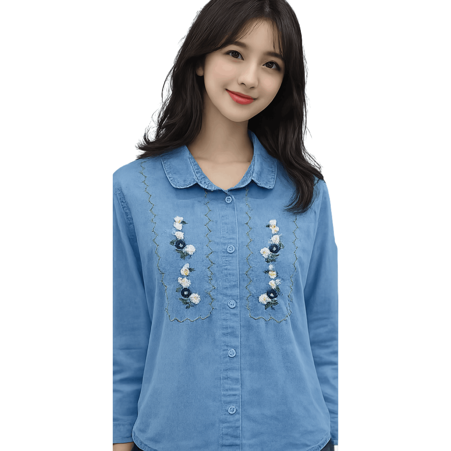 Woman wearing a blue floral embroidered blouse with long sleeves and Peter Pan collar