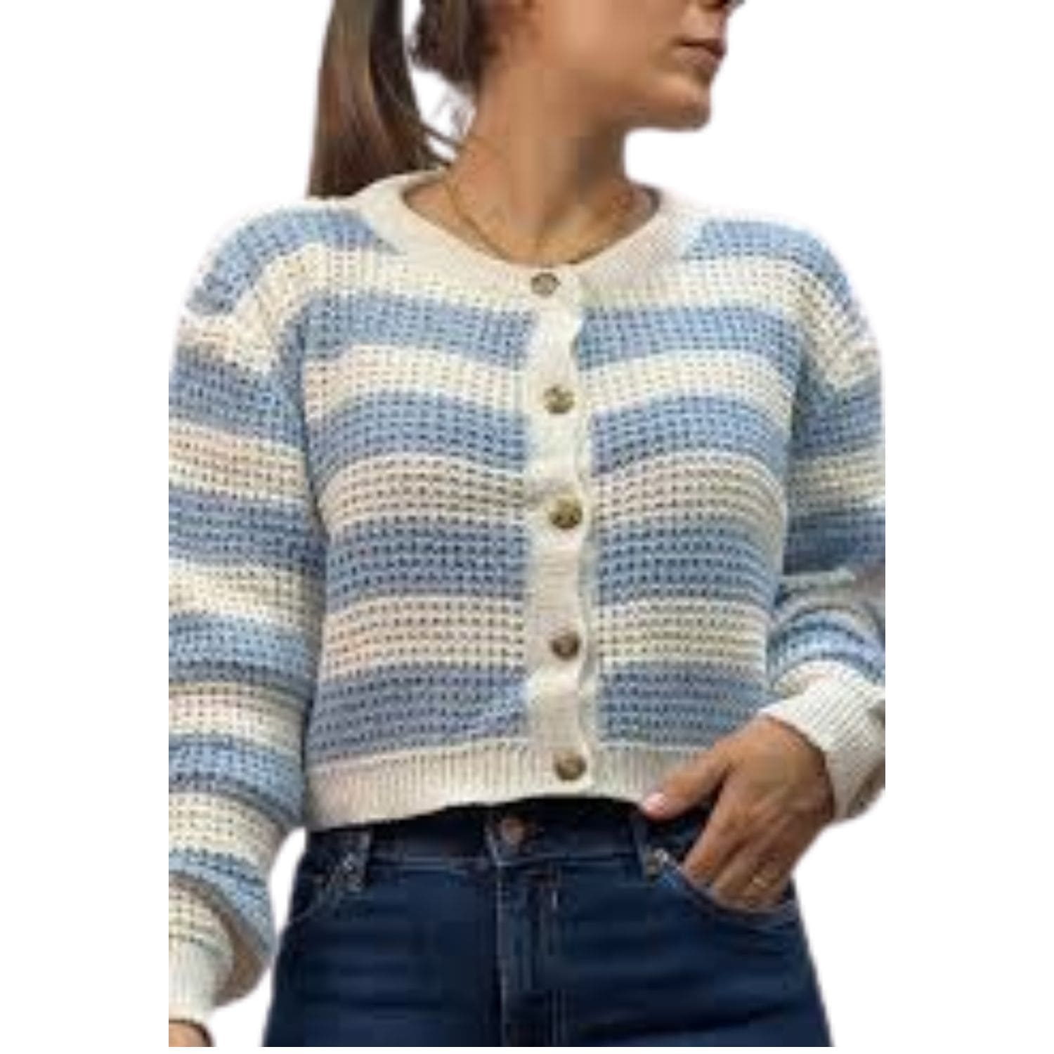 Woman wearing a blue and white striped cropped knit cardigan with buttons.