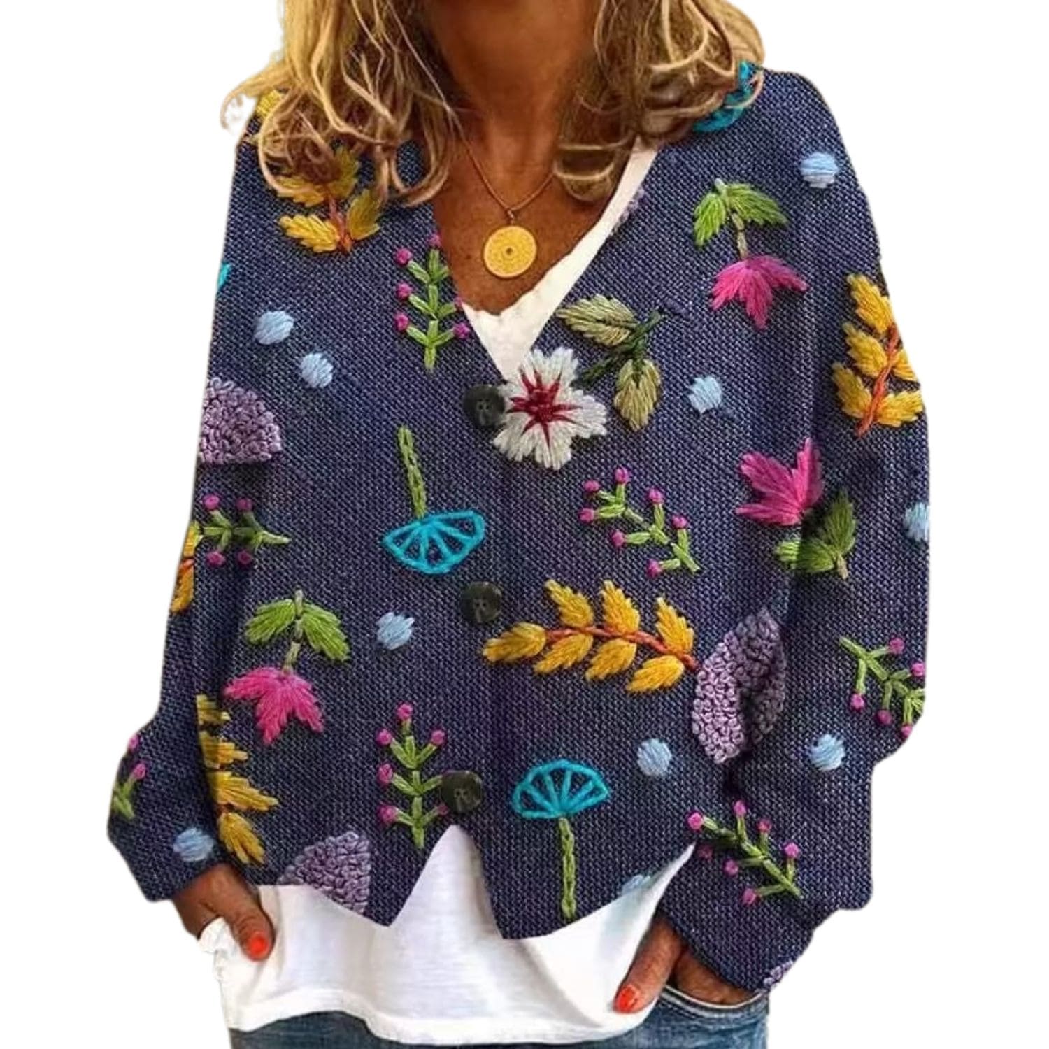 Women’s navy knitted cardigan with colorful embroidered floral patterns and a relaxed button-front fit.