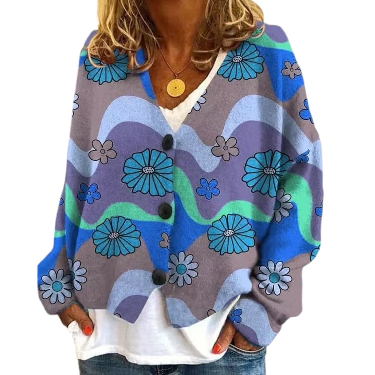 Women’s colorful blue floral print cardigan with long sleeves, button front, and vintage wavy design.